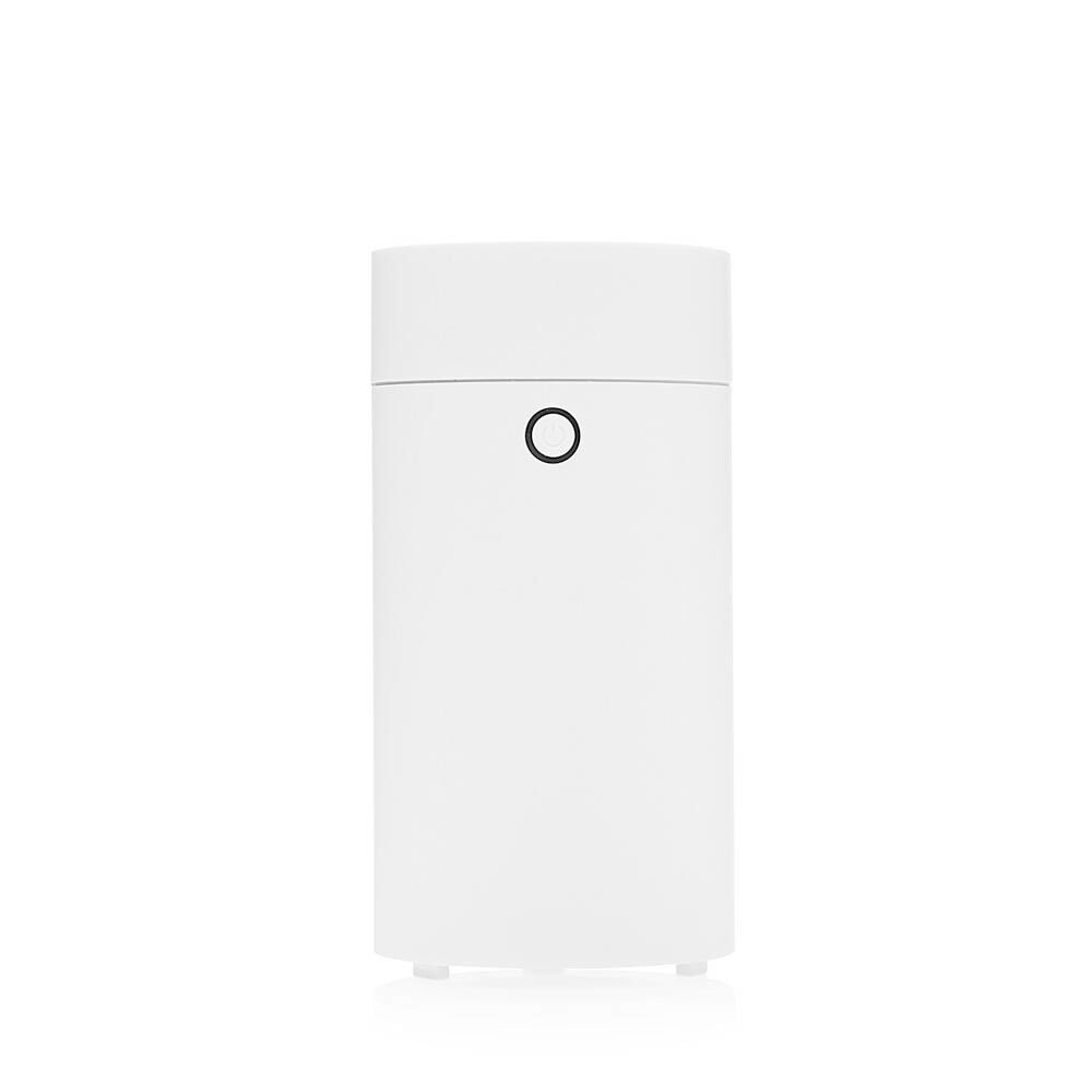 Diffuseur ultrasonique blanc cylindrique. Bouton rond noir. Partie supérieure et inférieure légèrement séparées.
