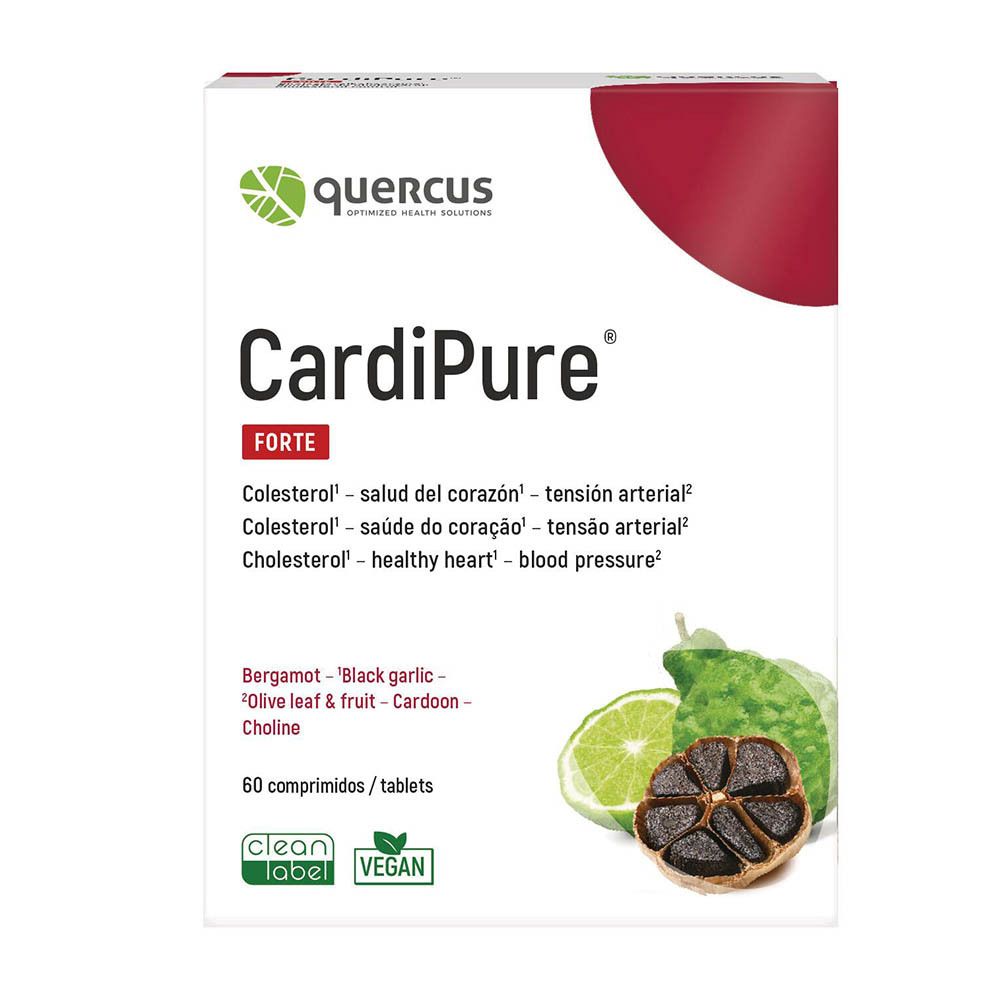 Quercus CardiPure Forte tablettenverpakking met bergamot, zwarte knoflook en olijfblad. 60 tabletten.