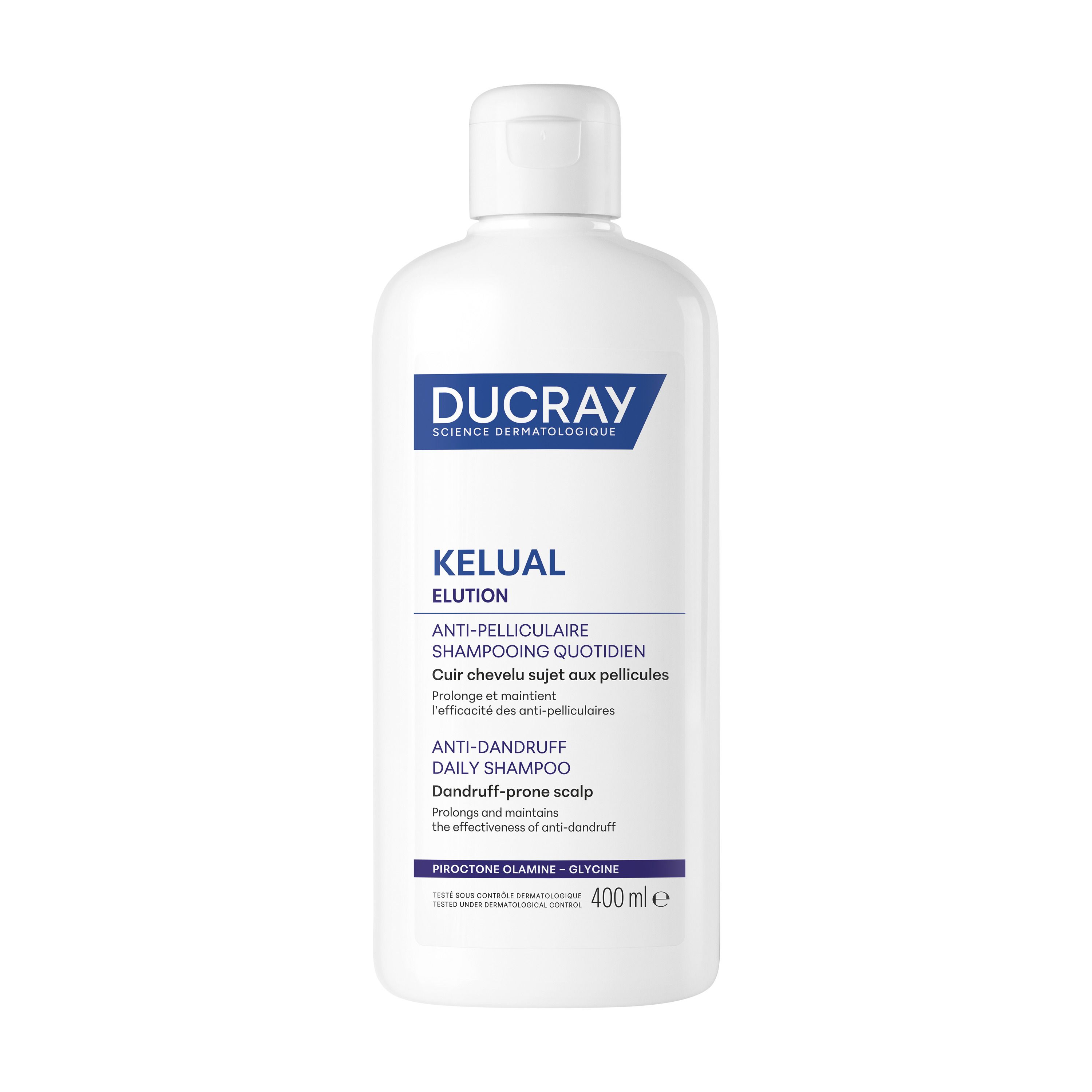 Shampooing Ducray Kelual Elution : flacon blanc de 400ml avec bouchon à clapet.