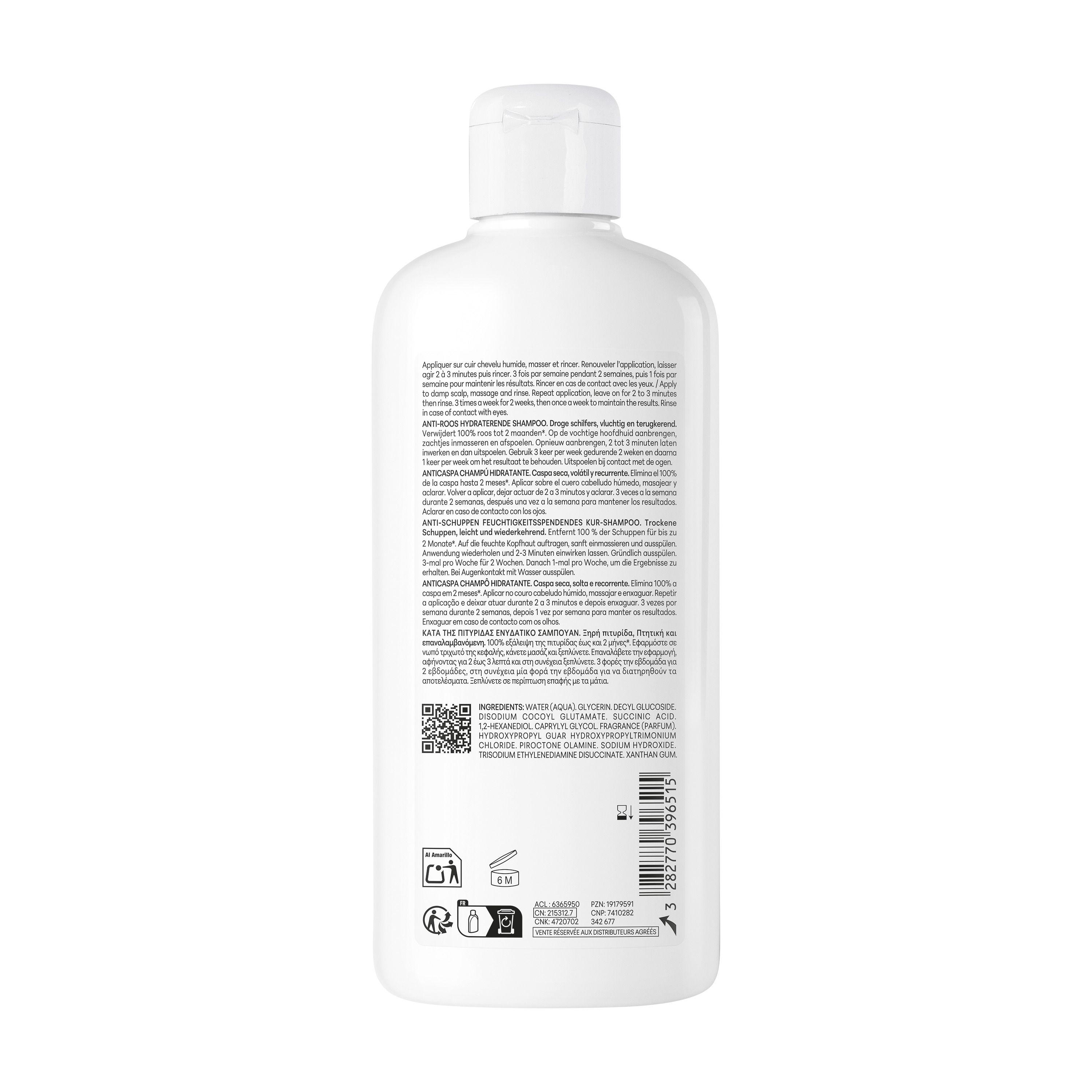 Shampooing Ducray Kelual Elution : vue latérale du flacon blanc de 400ml.