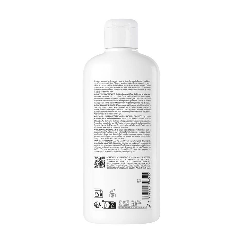 Achterkant witte fles Ducray Kelual Elution shampoo. Meertalige tekst. QR-code en ingrediënten.