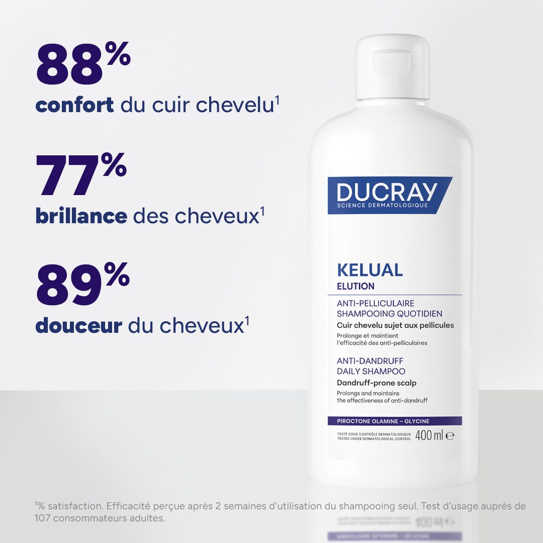 Arrière du flacon de shampooing Ducray Kelual Elution avec informations produit.