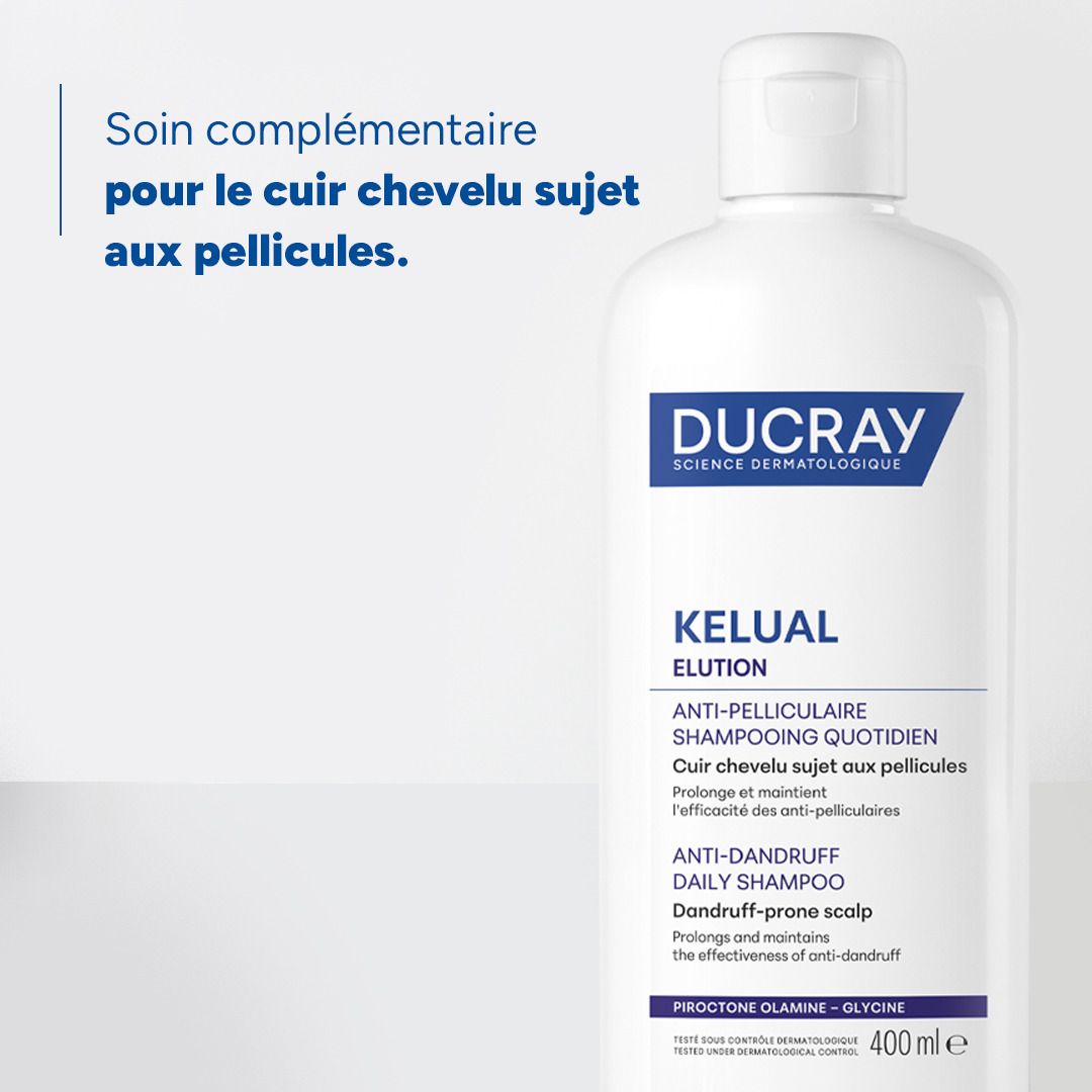 Shampooing Ducray Kelual Elution : vue latérale du flacon blanc de 400ml.