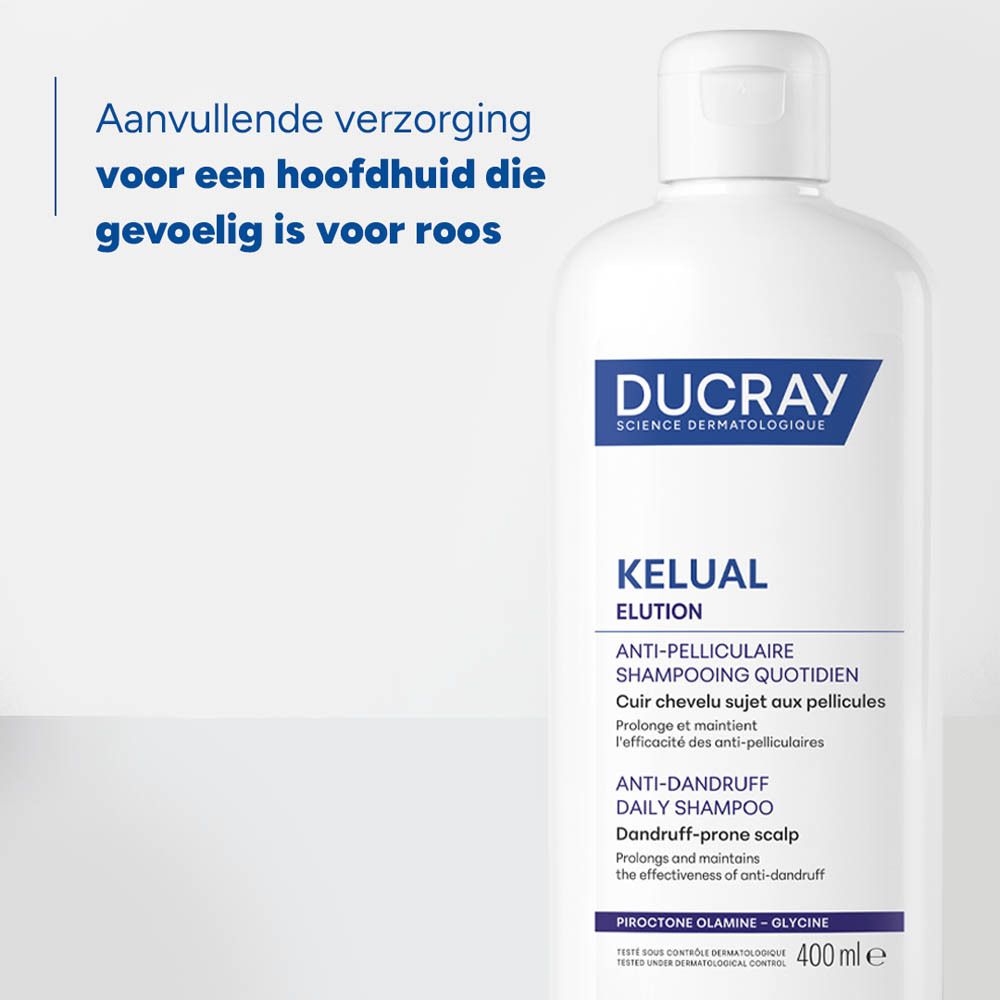Ducray Kelual Elution shampoo in zeepbellen. Tekst: Piroctone Olamine, Glycine.