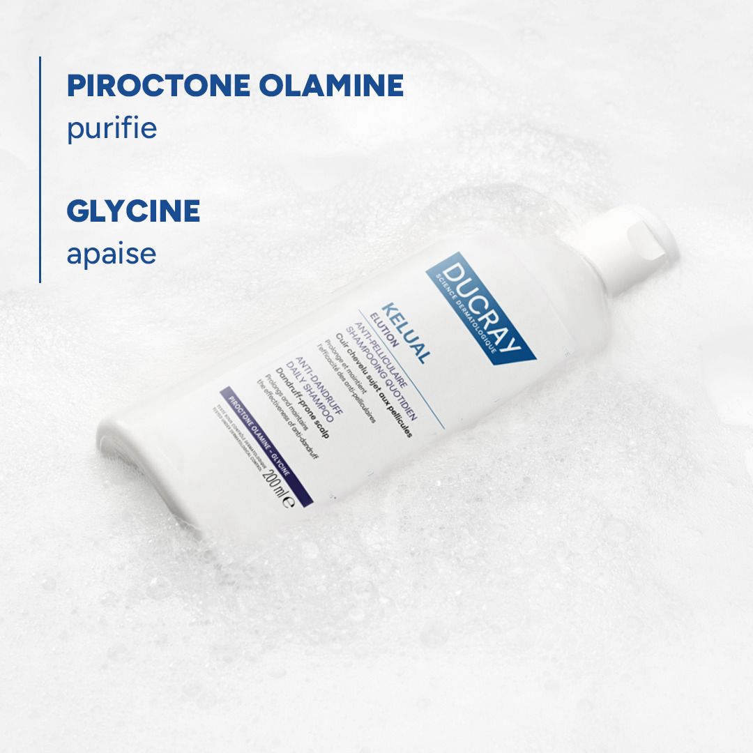 Shampooing Ducray Kelual Elution : flacon blanc de 400ml avec bouchon à clapet.