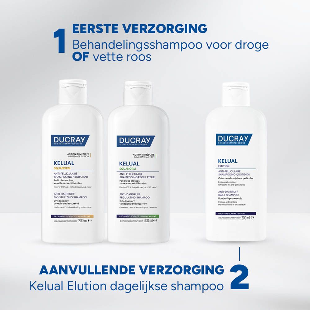 Achterkant witte fles Ducray Kelual Elution shampoo. Meertalige tekst. QR-code en ingrediënten.