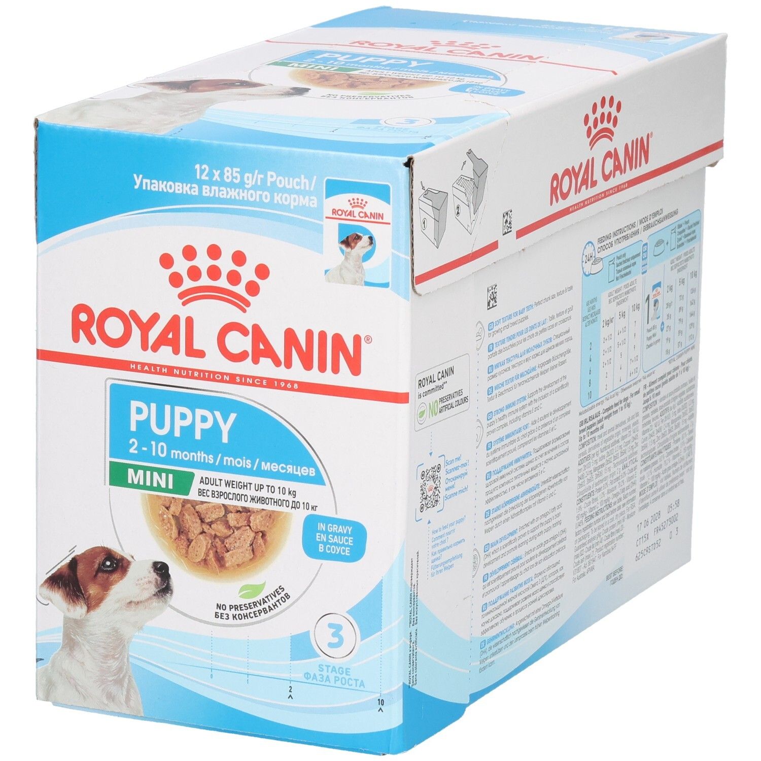 Boîte de 12 sachets Royal Canin Mini Puppy, 85g par sachet. Pour chiots de 2 à 10 mois.