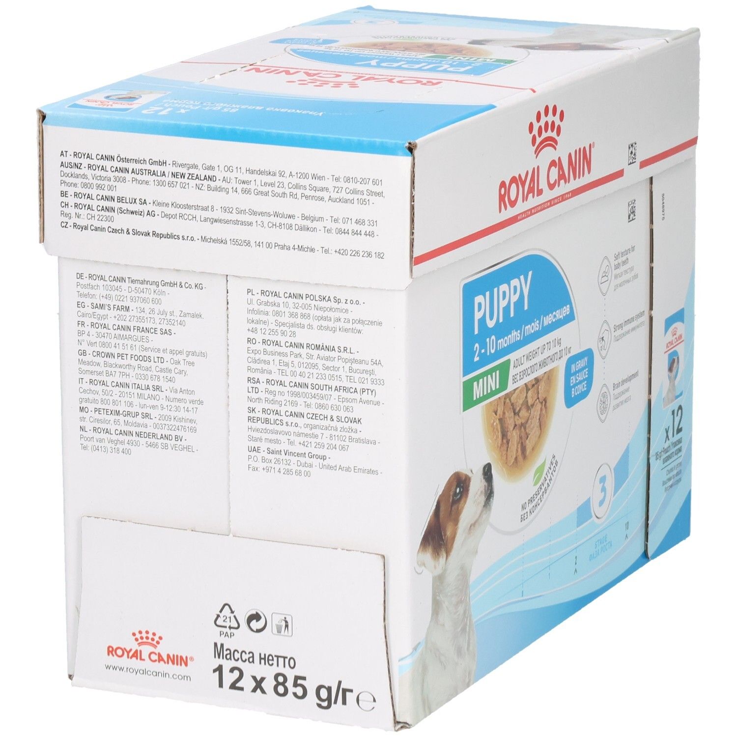 Vue latérale d'une boîte Royal Canin Mini Puppy avec recommandations d'alimentation.
