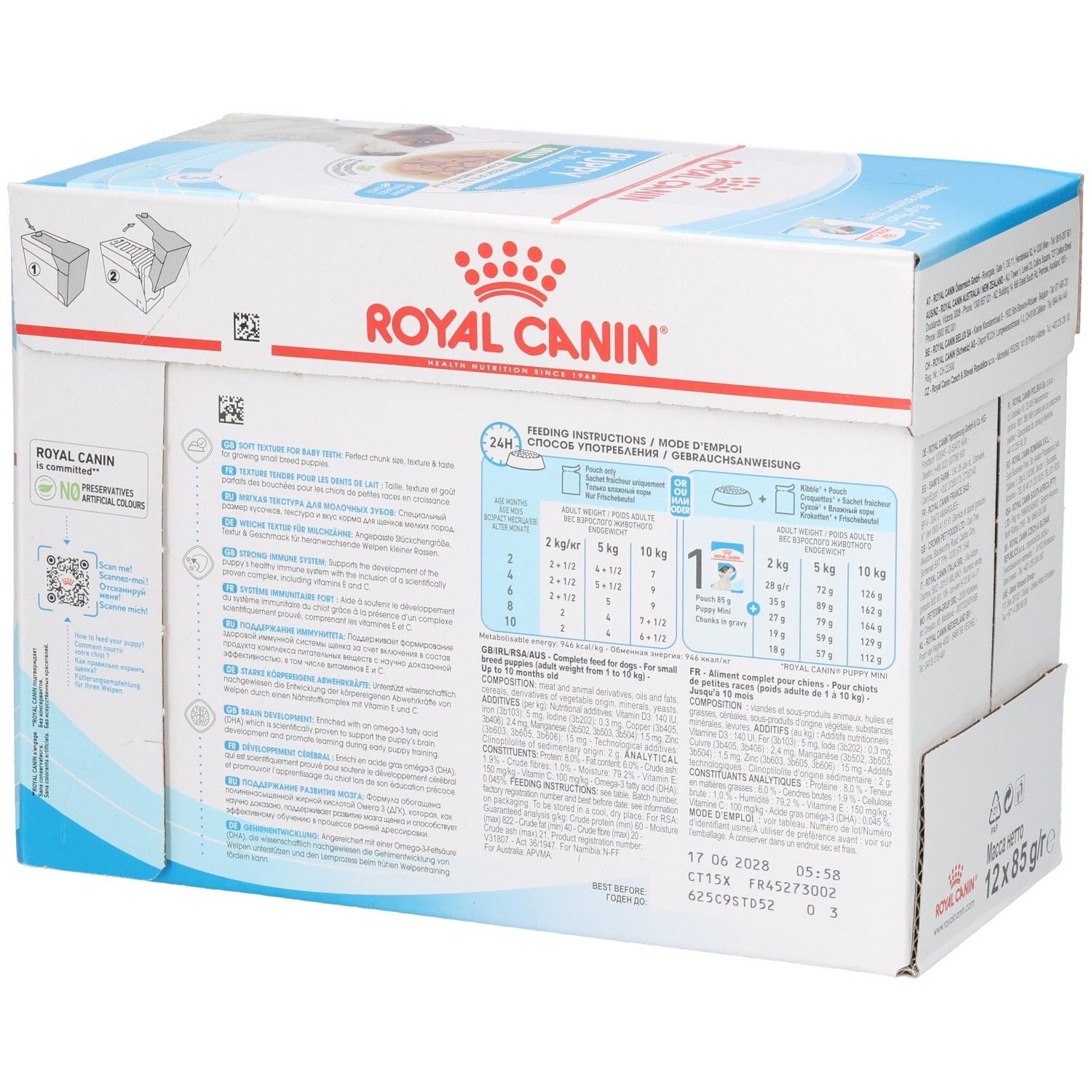 Face avant d'une boîte Royal Canin Mini Puppy avec image de chiot et caractéristiques produit.