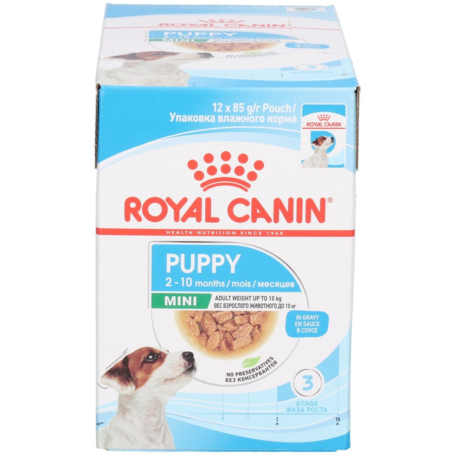 Boîte de 12 sachets Royal Canin Mini Puppy, 85g par sachet. Pour chiots de 2 à 10 mois.