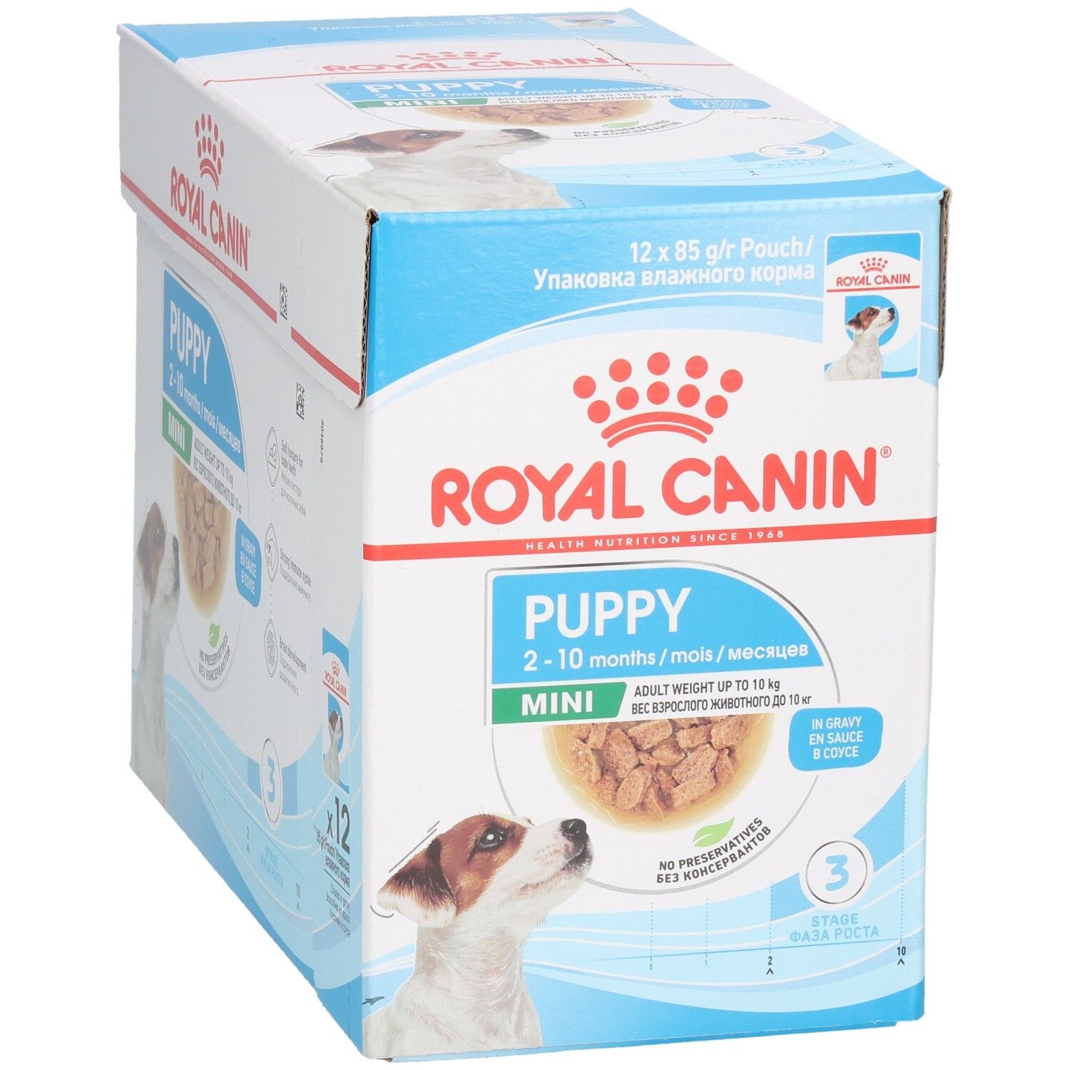 Boîte de 12 sachets Royal Canin Mini Puppy, 85g par sachet. Pour chiots de 2 à 10 mois.