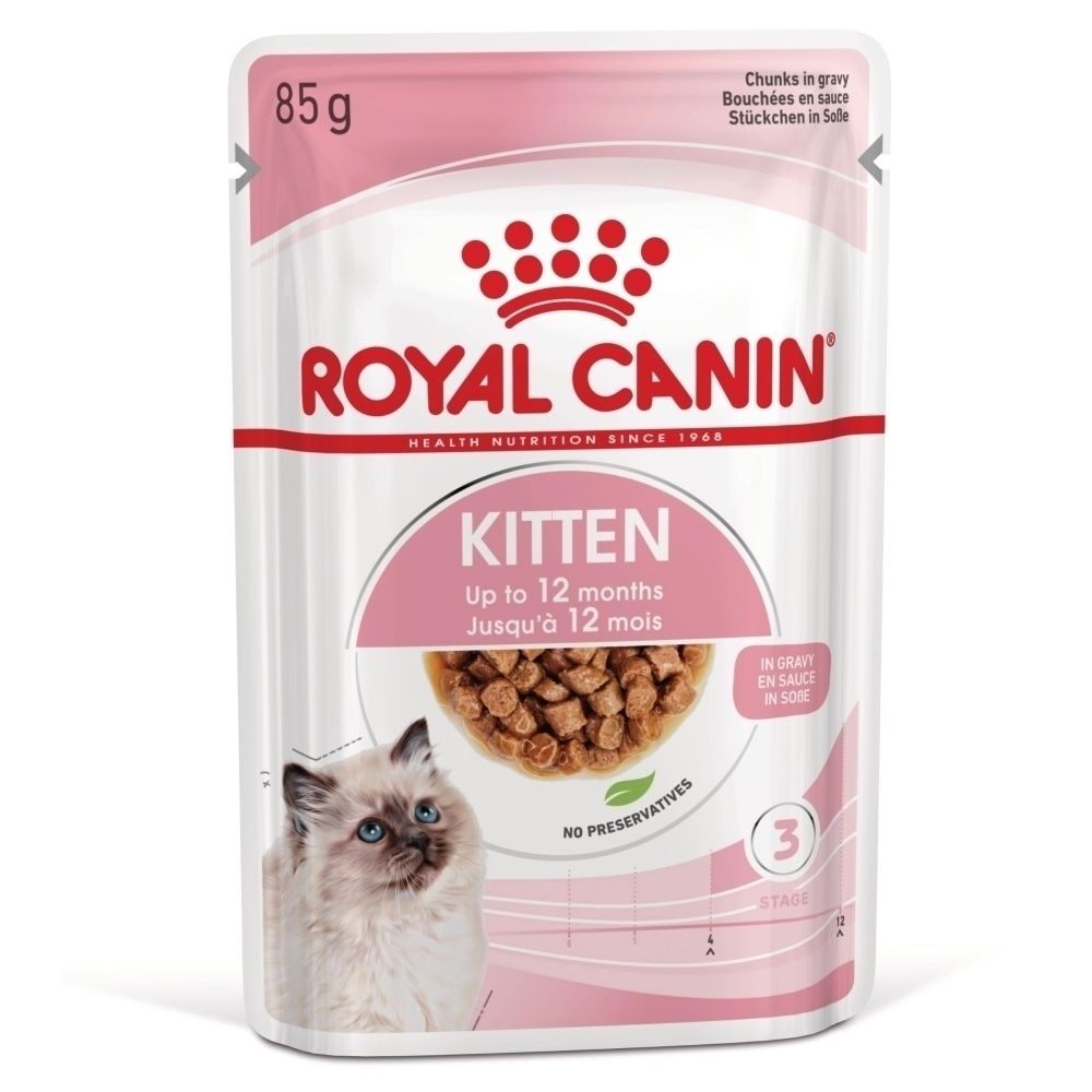 Sachet Royal Canin Kitten, 85g. Contient des bouchées en sauce pour chatons jusqu'à 12 mois.