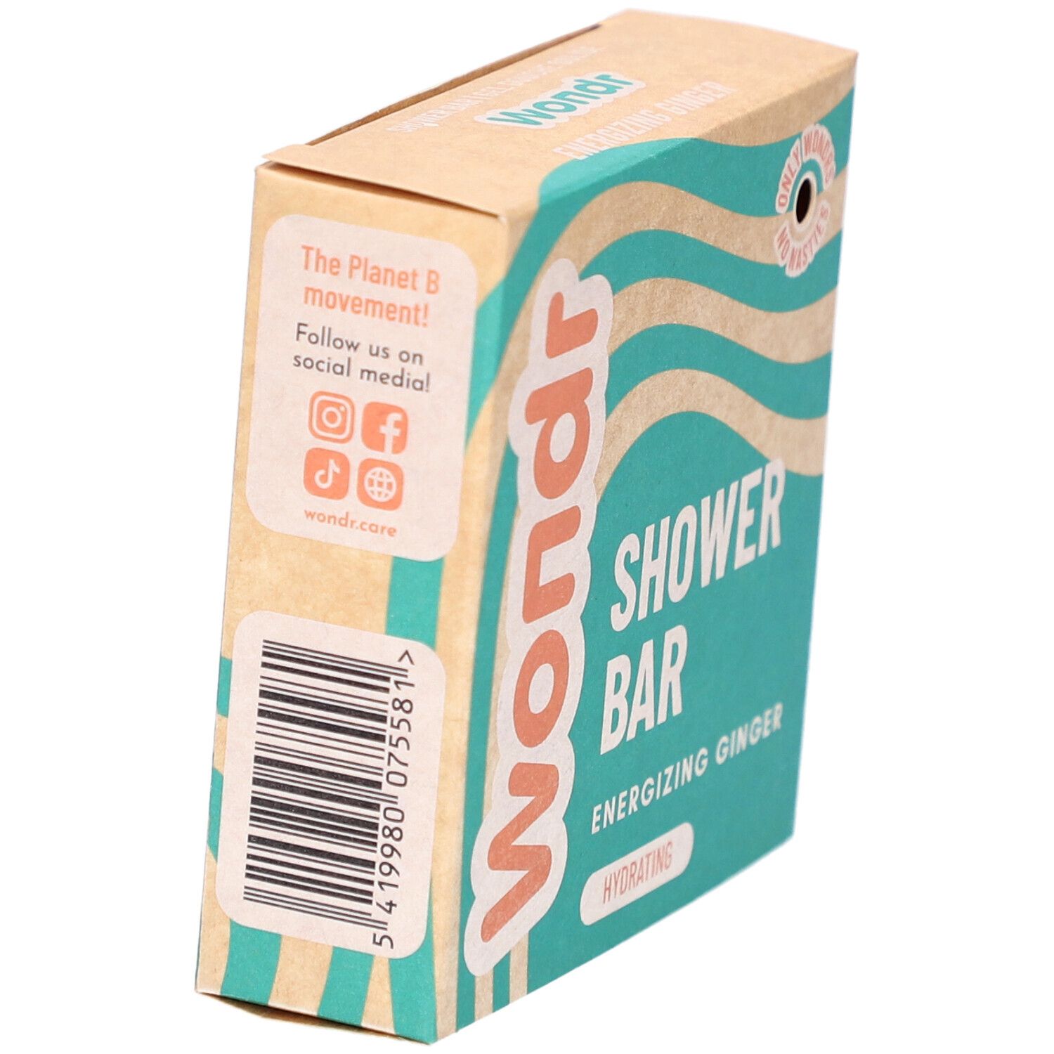 Emballage carton Wondr, Shower Bar, Energizing Ginger. Verso avec texte. Icônes réseaux sociaux. Code-barres.