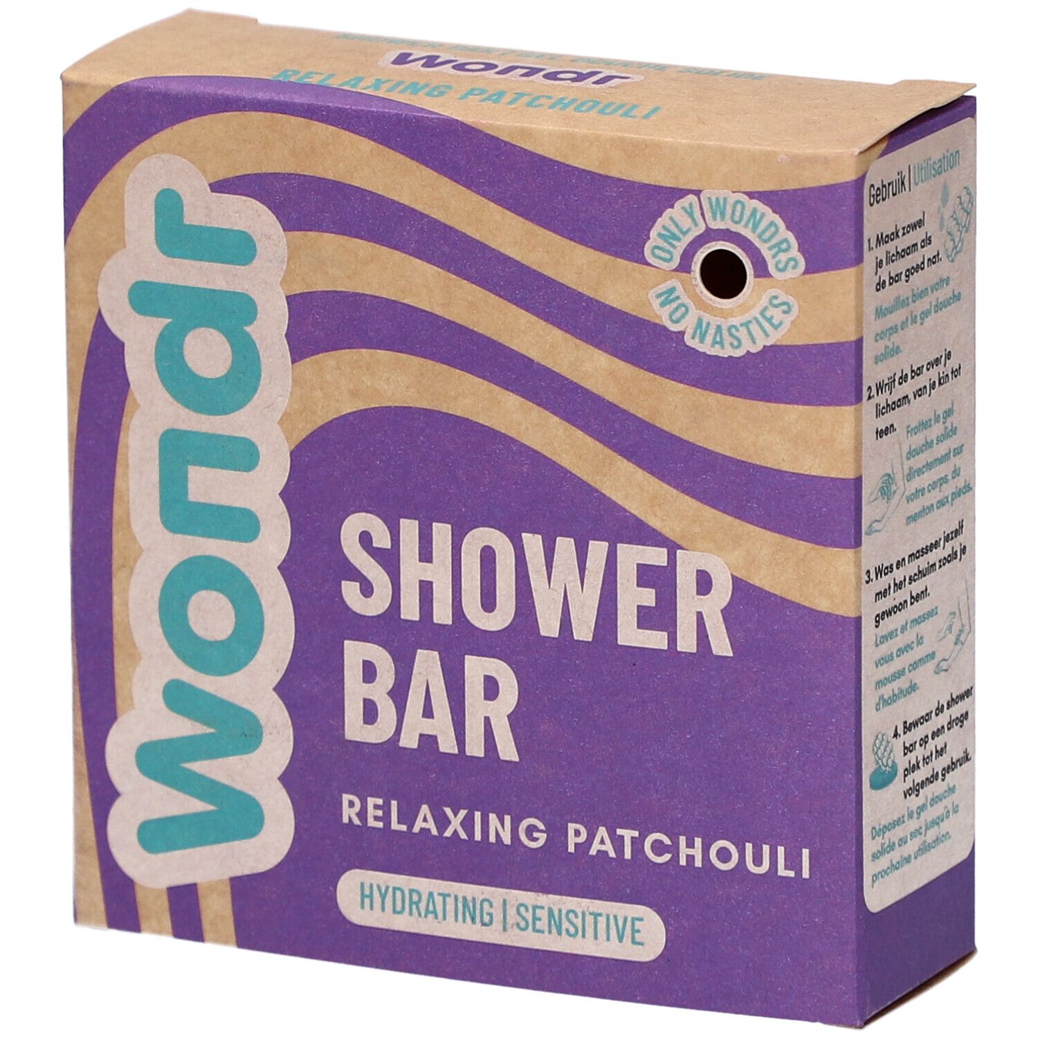 Wondr Shower Bar verpakking. Paars en beige golfpatroon. Tekst: Shower Bar, Relaxing Patchouli, Hydrating | Sensitive.