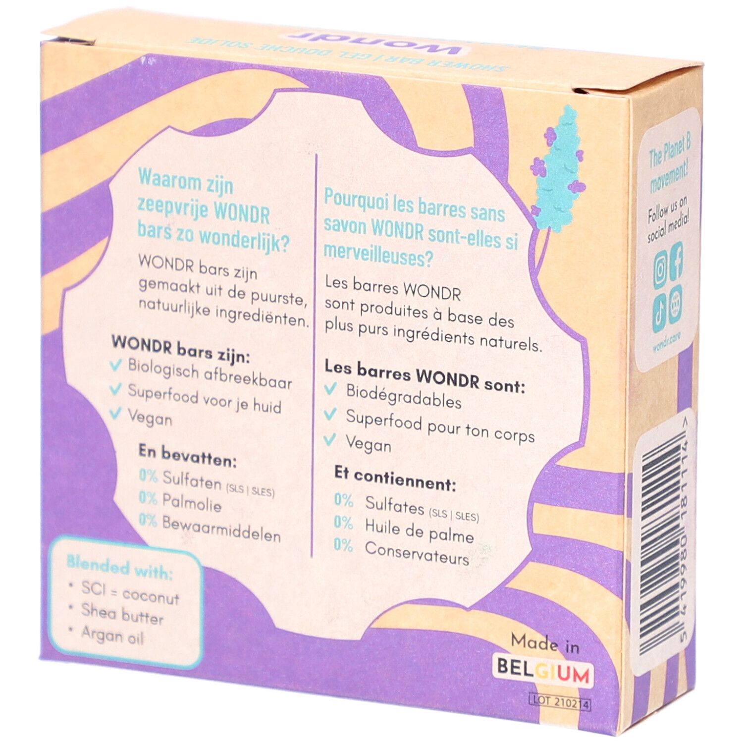 Achterkant Wondr Shower Bar verpakking. Tekst in Nederlands en Frans. Gemaakt in België. Ingrediënten.