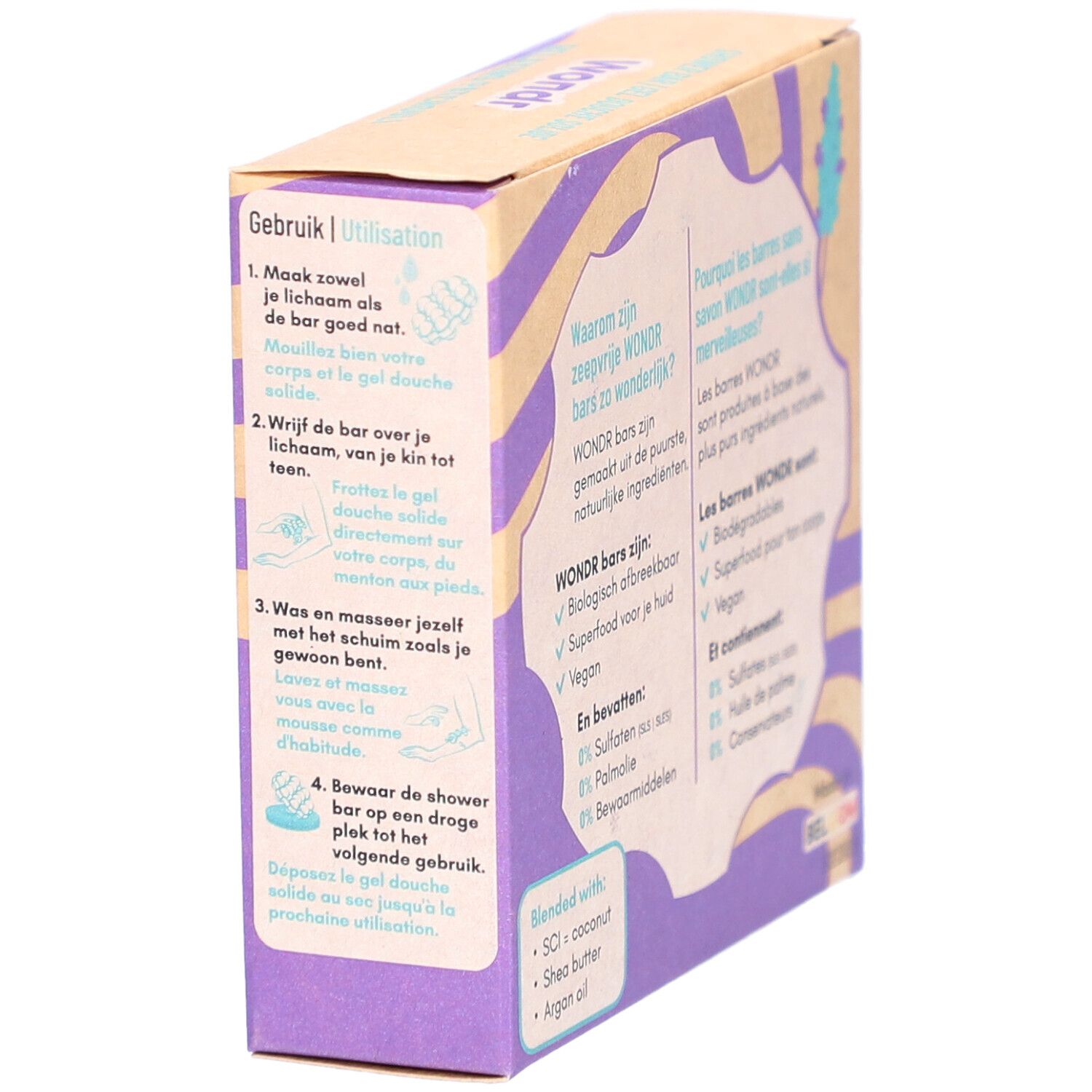 Zijaanzicht Wondr Shower Bar verpakking met gebruiksaanwijzing in Nederlands en Frans.