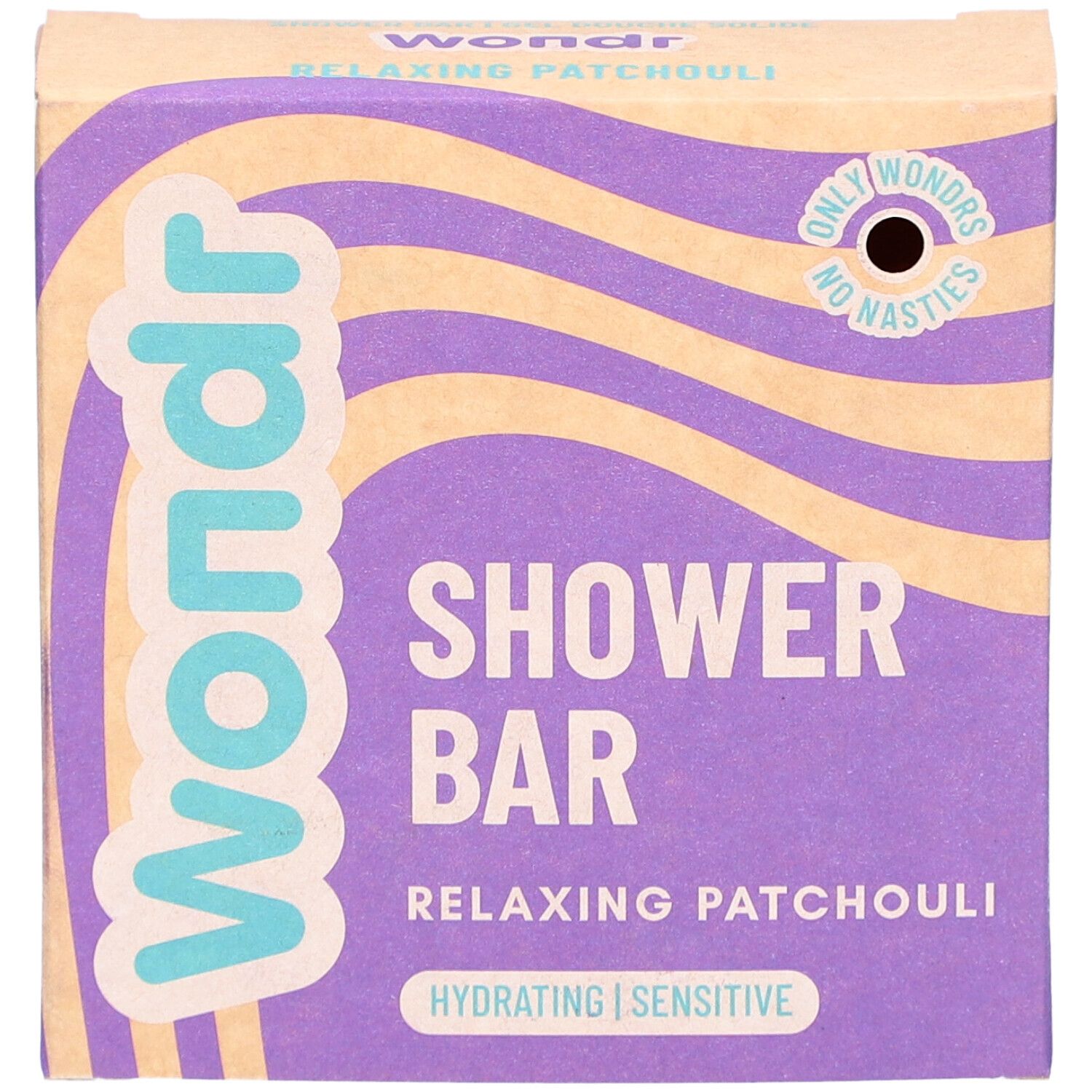 Wondr Shower Bar verpakking. Paars en beige golfpatroon. Tekst: Shower Bar, Relaxing Patchouli, Hydrating | Sensitive.