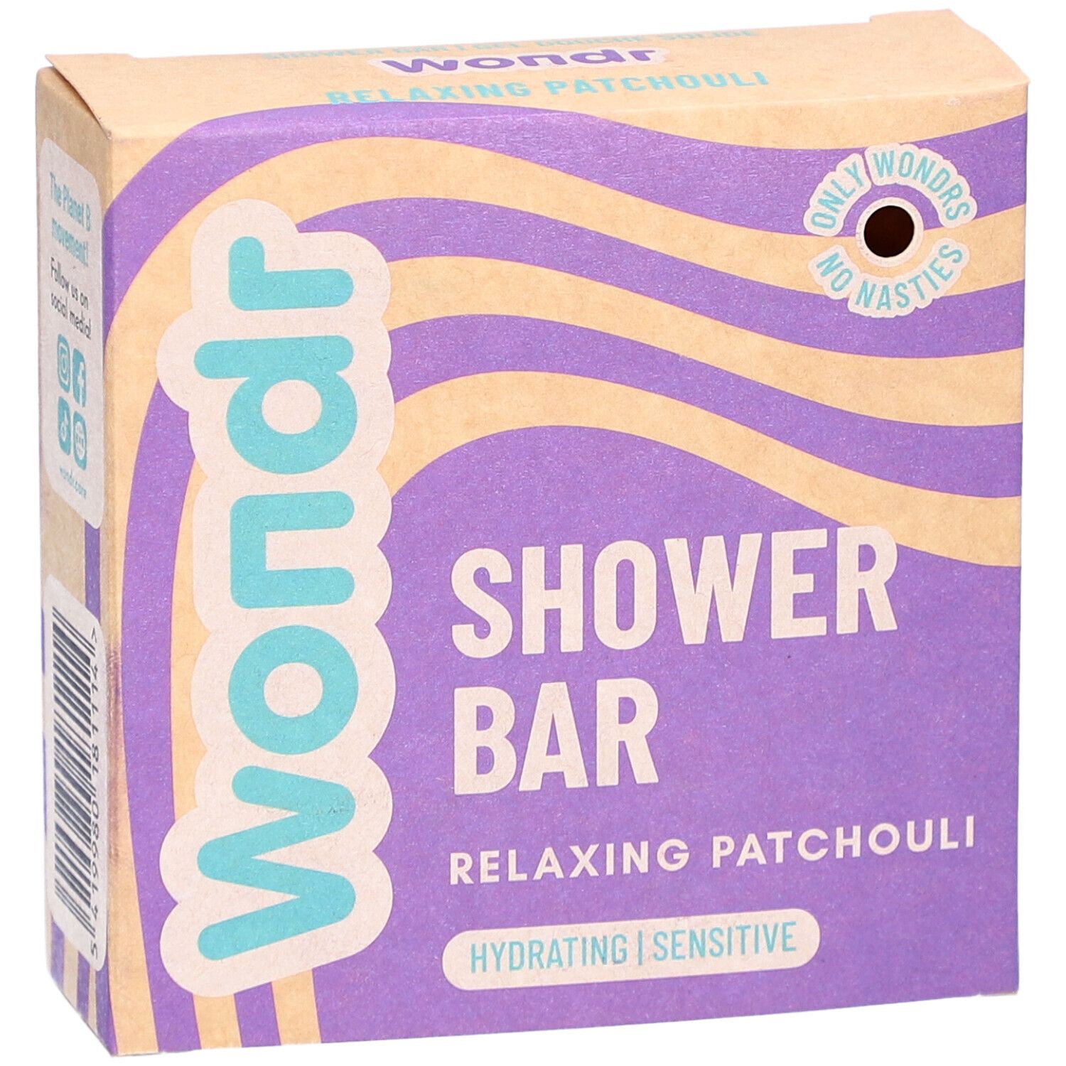 Wondr Shower Bar verpakking. Paars en beige golfpatroon. Tekst: Shower Bar, Relaxing Patchouli, Hydrating | Sensitive.