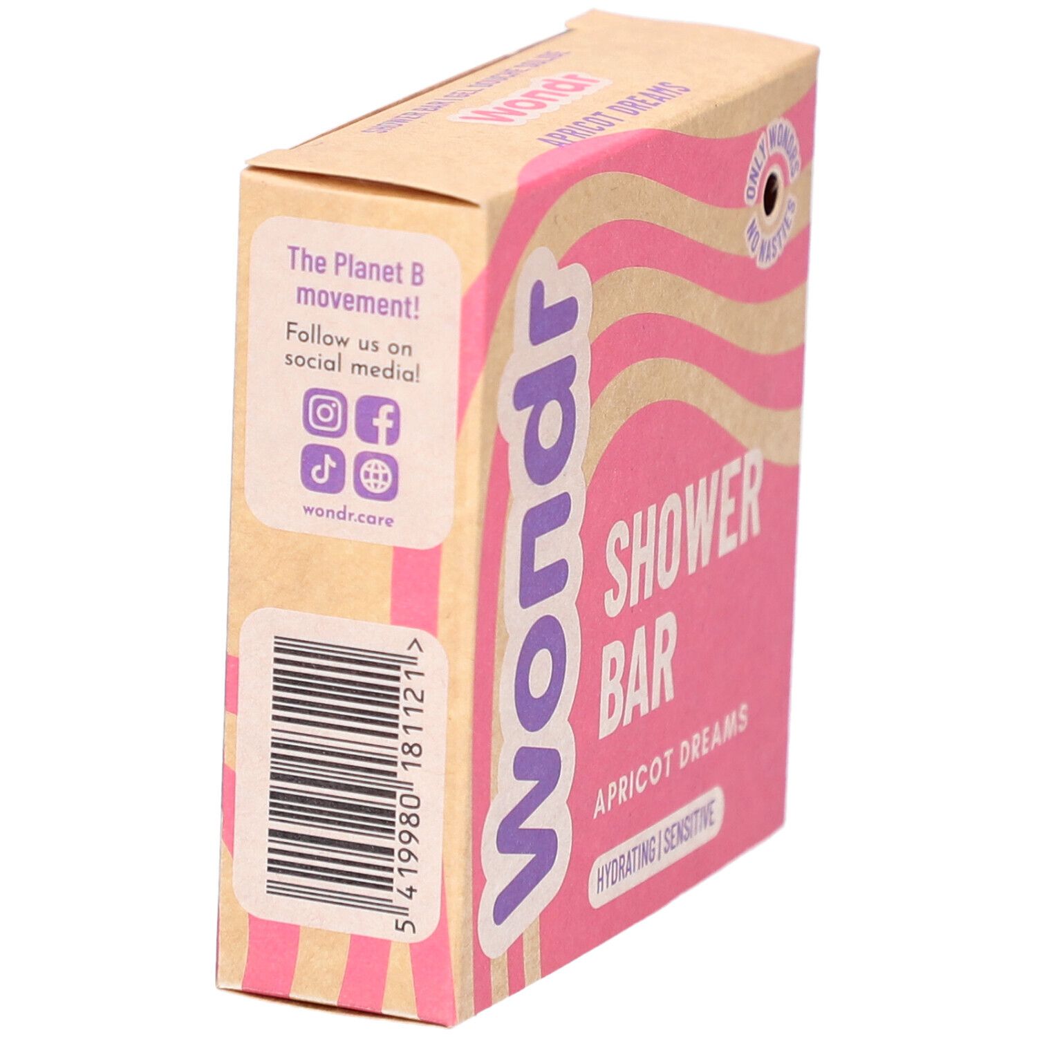 Emballage de la barre de douche Wondr. Côté avec code-barres et icônes de médias sociaux. Inscription : Shower Bar, Apricot Dreams.