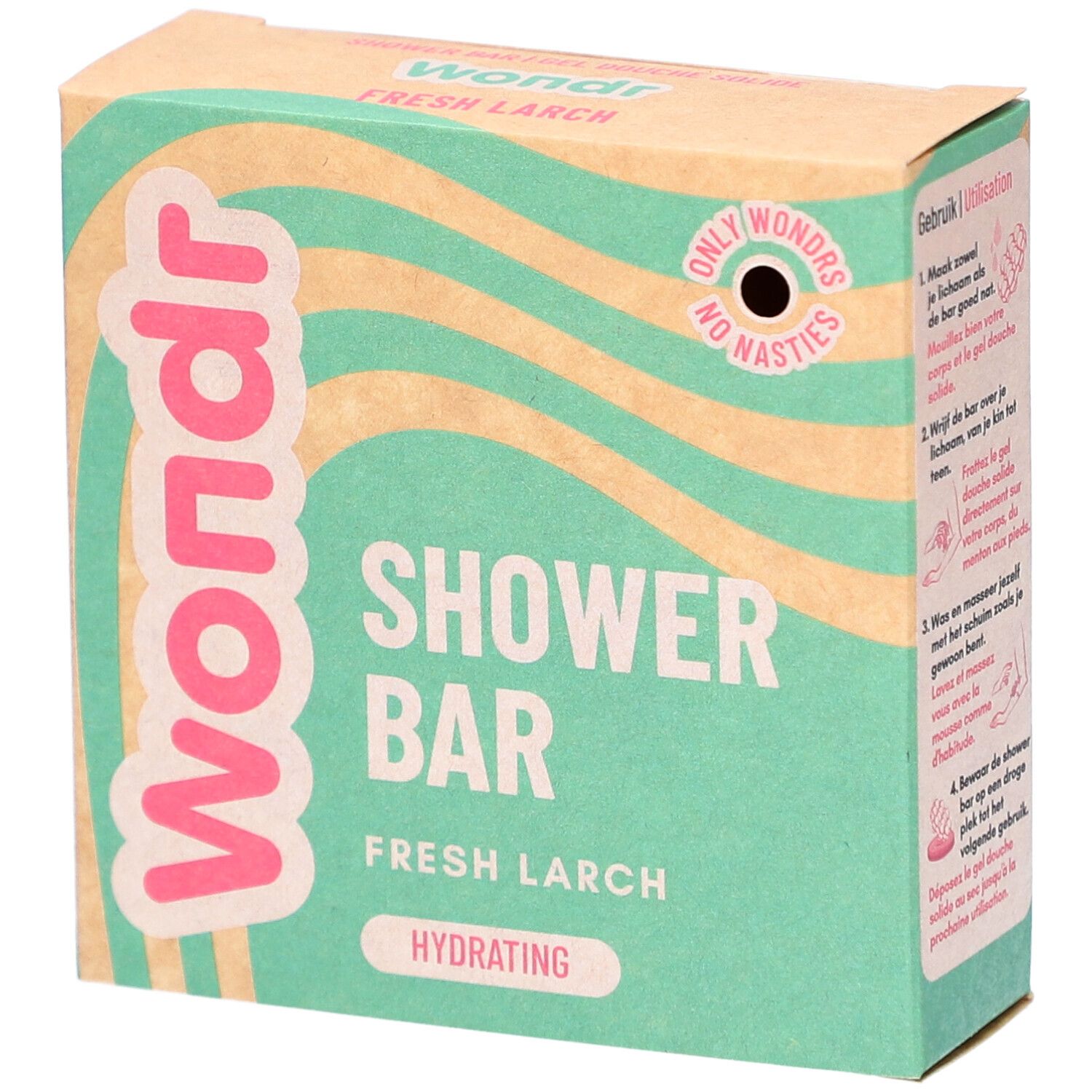 Wondr Shower Bar verpakking. Groen-beige golfpatroon, roze tekst. Shower Bar, Fresh Larch, Hydrating. Only Wondrs, No Nasties.