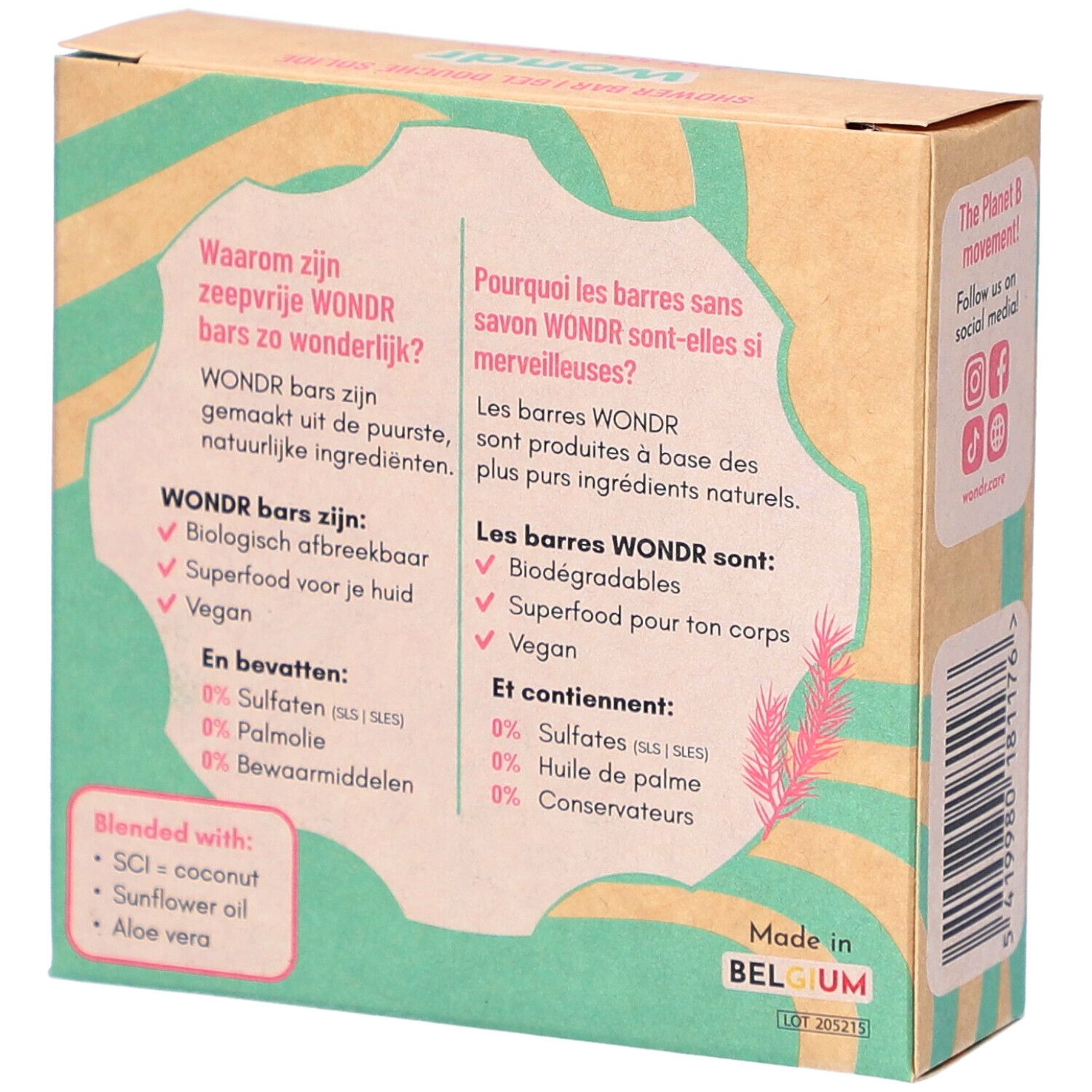 Achterkant Wondr Shower Bar verpakking. Groen-beige golfpatroon. Tekst: Waarom Wondr bars zo wonderlijk zijn? Gemaakt in België.