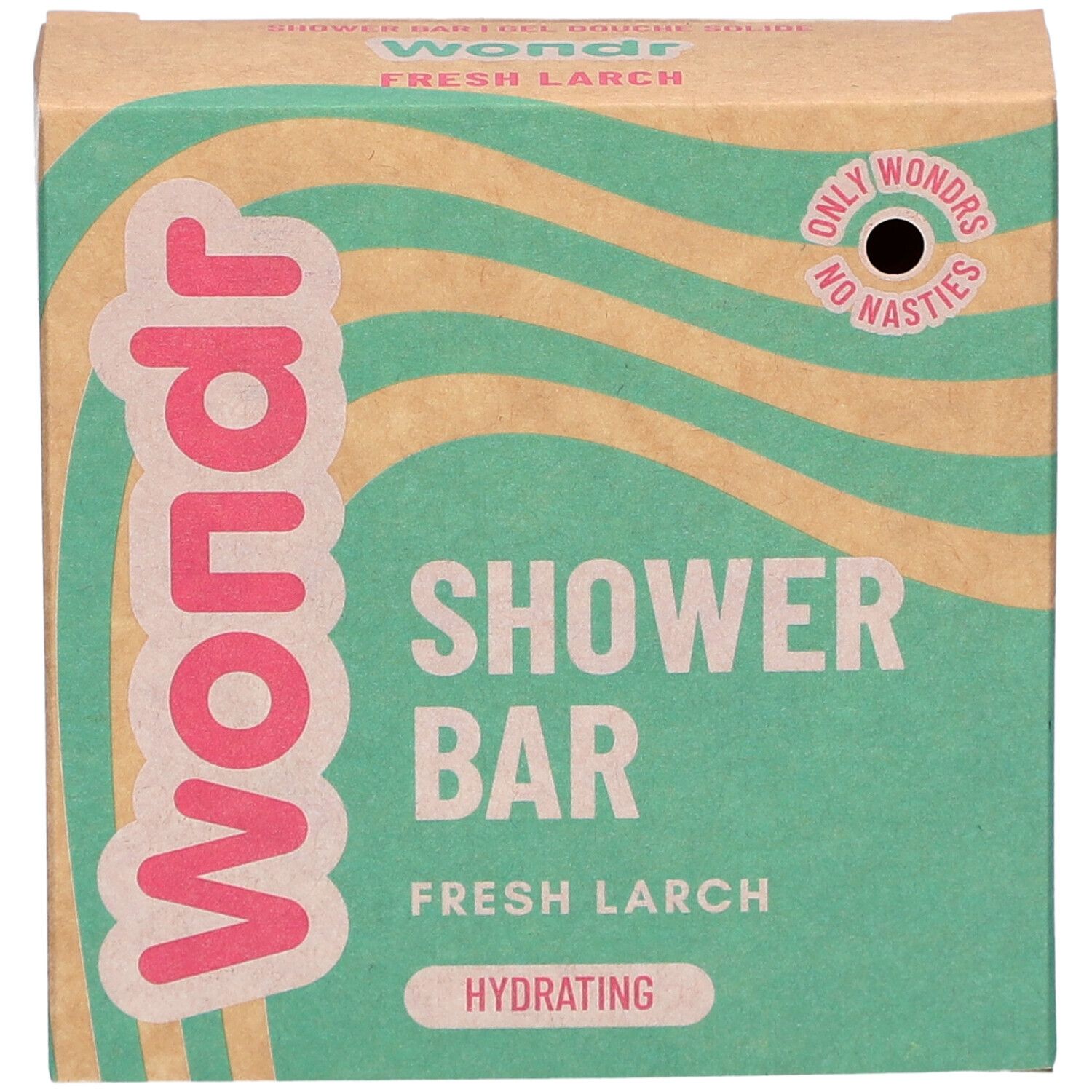 Wondr Shower Bar verpakking. Groen-beige golfpatroon, roze tekst. Shower Bar, Fresh Larch, Hydrating. Only Wondrs, No Nasties.