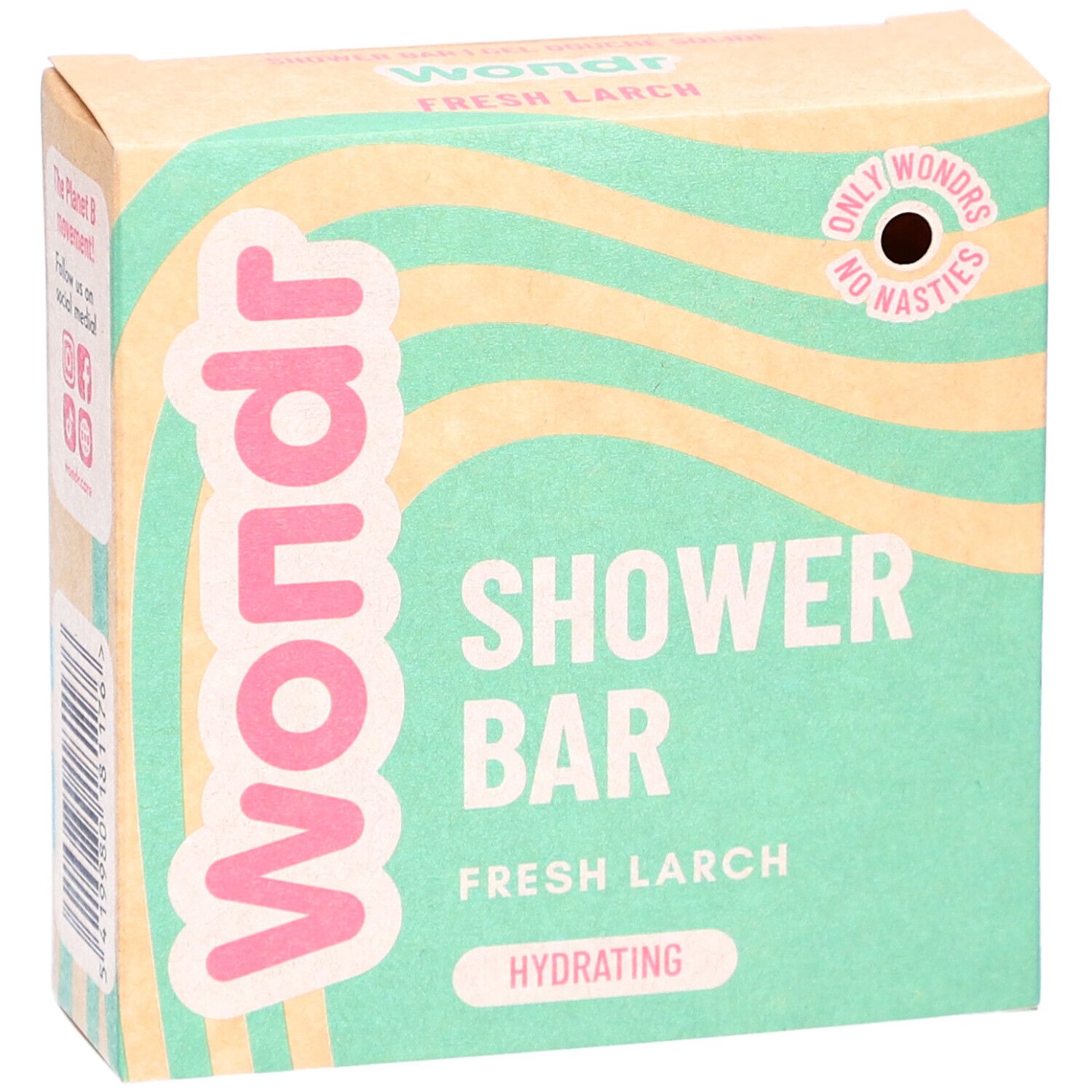 Schuine weergave Wondr Shower Bar verpakking. Groen-beige golfpatroon, roze tekst. Shower Bar, Fresh Larch, Hydrating. Only Wondrs, No Nasties.