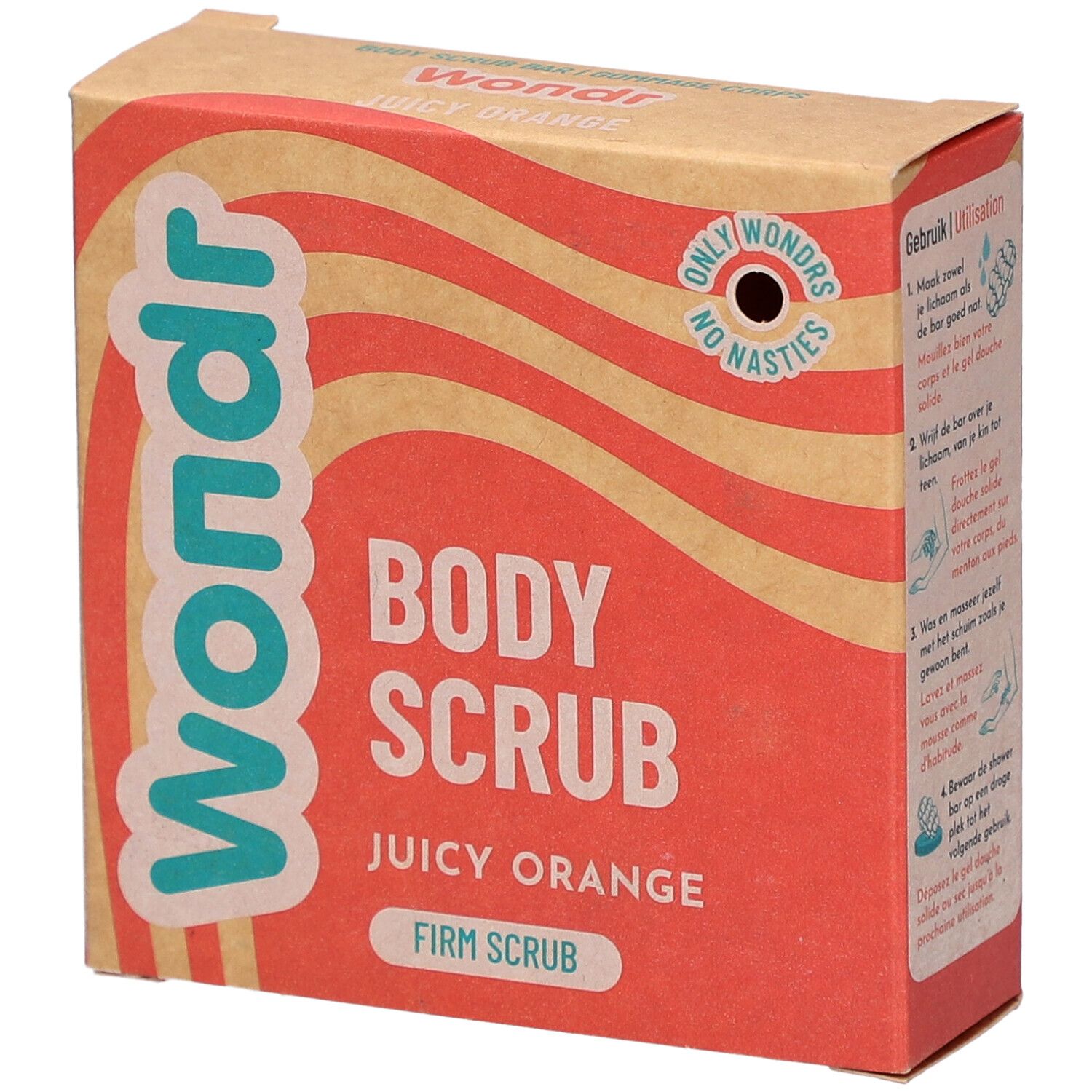Kartonnen verpakking Wondr Body Scrub Juicy Orange. Oranje achtergrond, witte tekst. Productinformatie en logo.