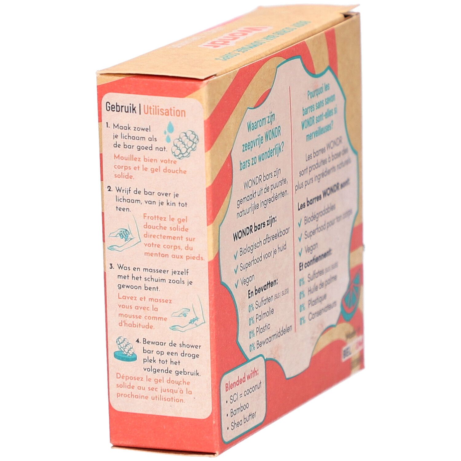 Wondr Body Scrub Juicy Orange verpakking. Gebruiksaanwijzing in het Duits en Frans. Zijaanzicht.