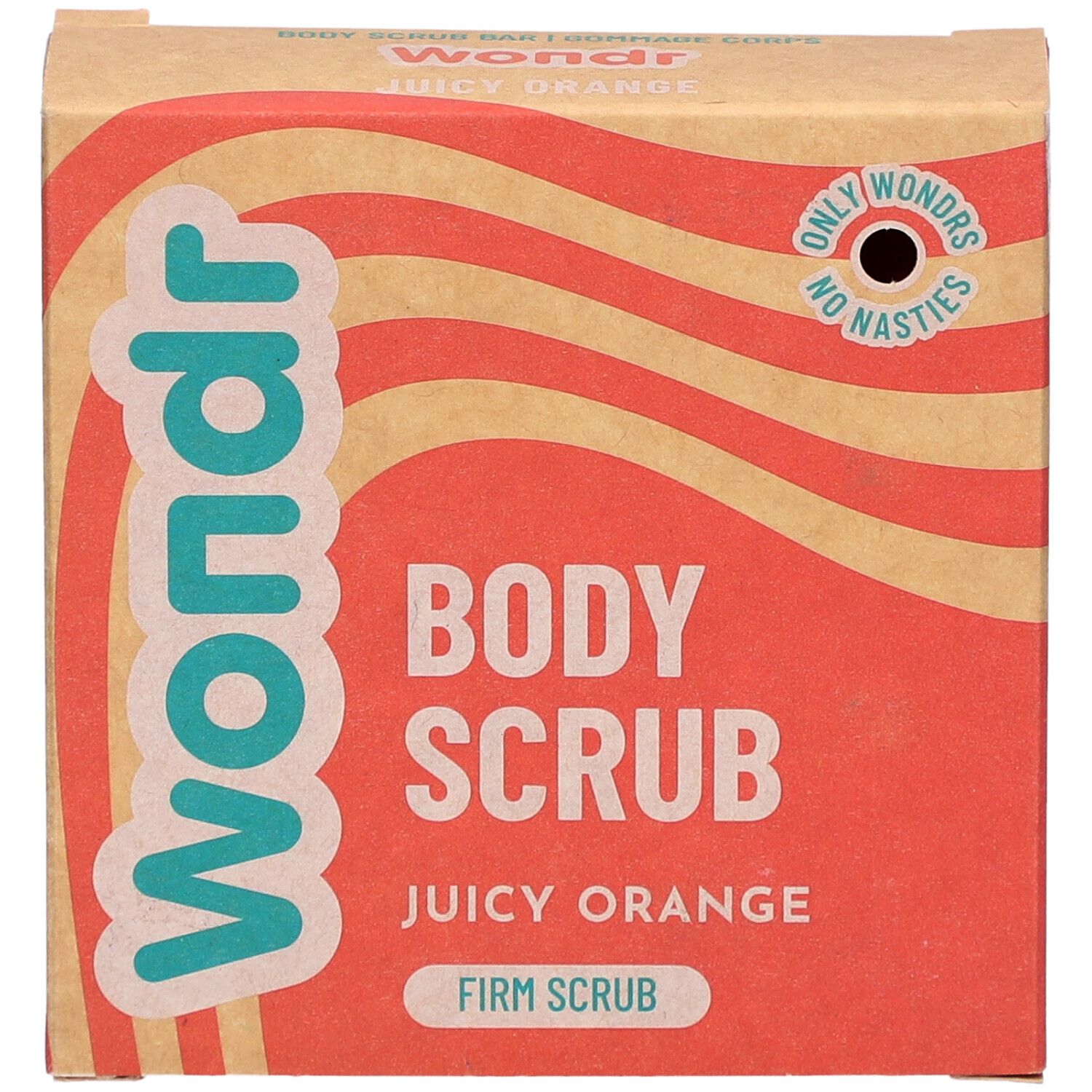 Wondr Body Scrub Juicy Orange verpakking. Oranje achtergrond, witte tekst. Logo en productinformatie.