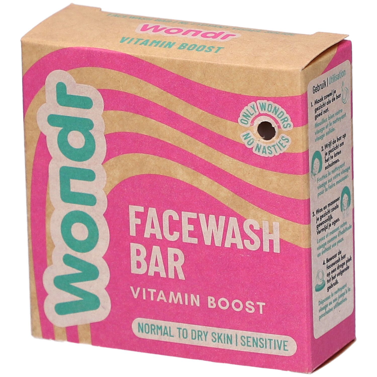 Barre de lavage du visage Wondr Vitamin Boost, emballage rose et beige. Inscriptions et logo visibles.