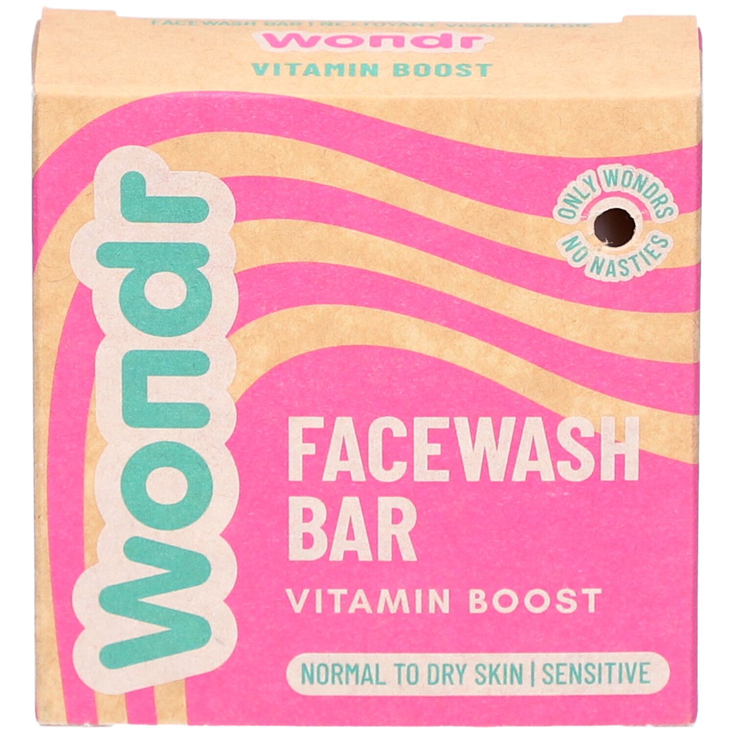 Emballage de la barre de lavage du visage Wondr Vitamin Boost. Boîte rose et beige, logo et texte.