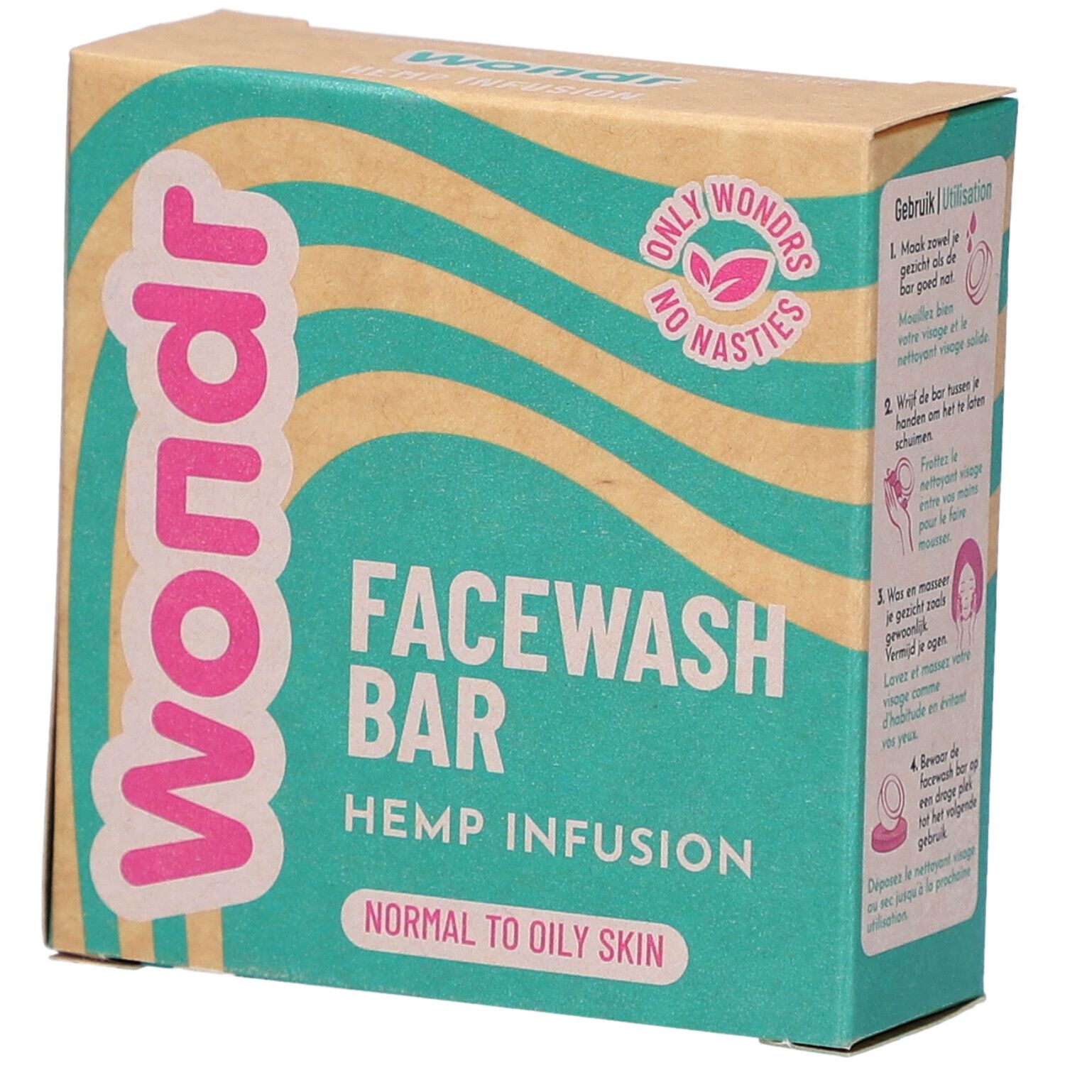 Kartonnen verpakking met "Wondr" logo en "Facewash Bar". Bevat "Hemp Infusion" en is voor normale tot vette huid.