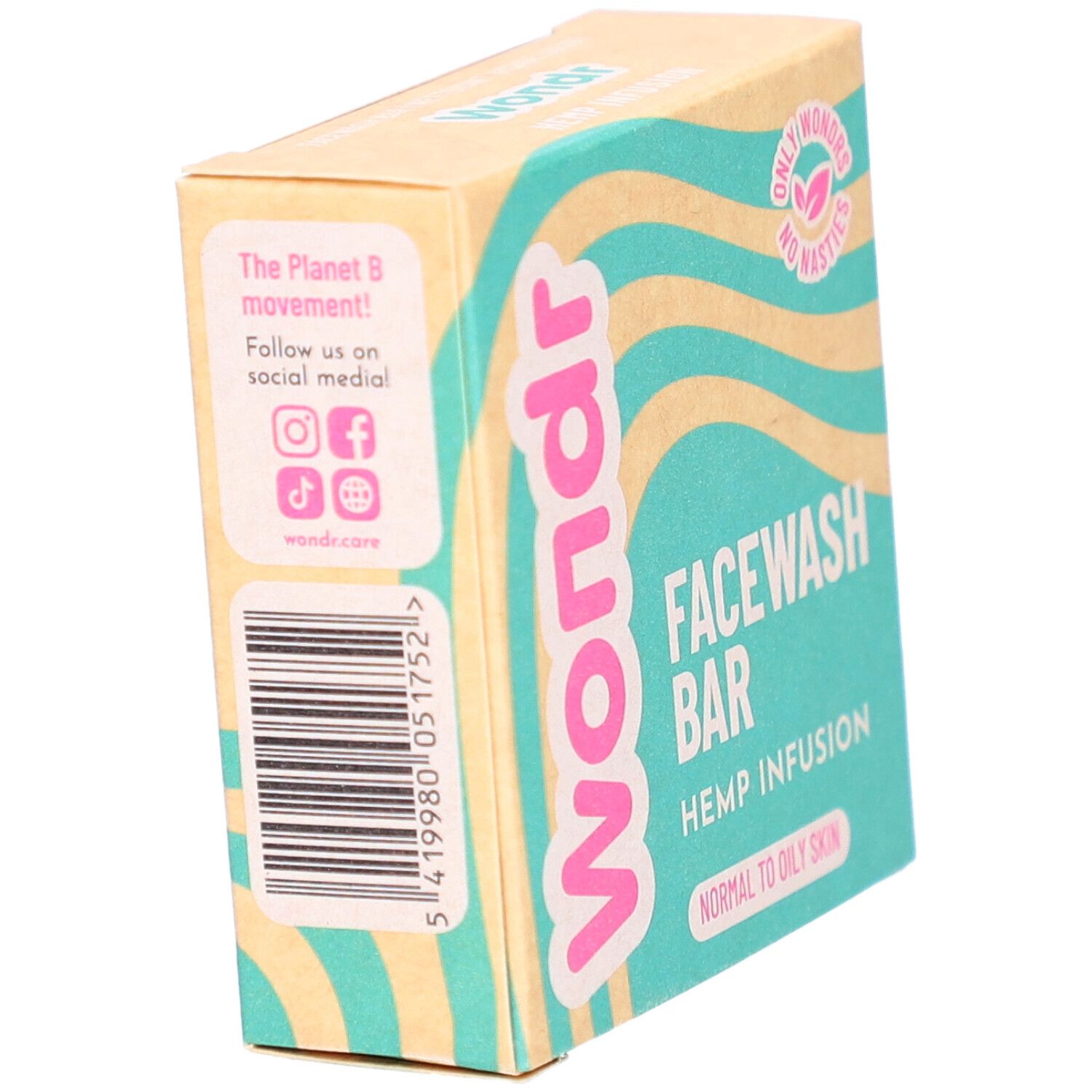 Kartonnen verpakking met "Wondr" logo en "Facewash Bar". Bevat "Hemp Infusion" en is voor normale tot vette huid.