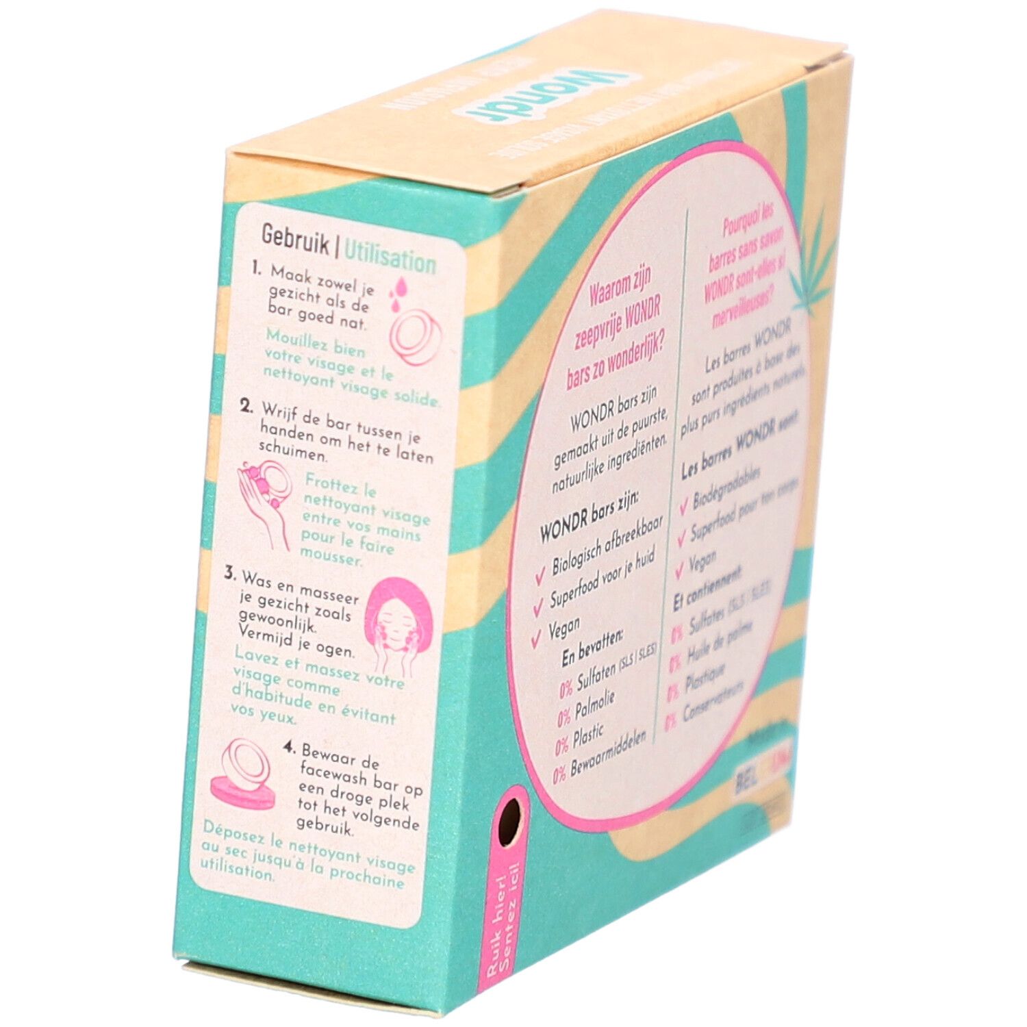 Kartonnen verpakking met gebruiksaanwijzing in het Duits en Frans. Bevat illustraties.