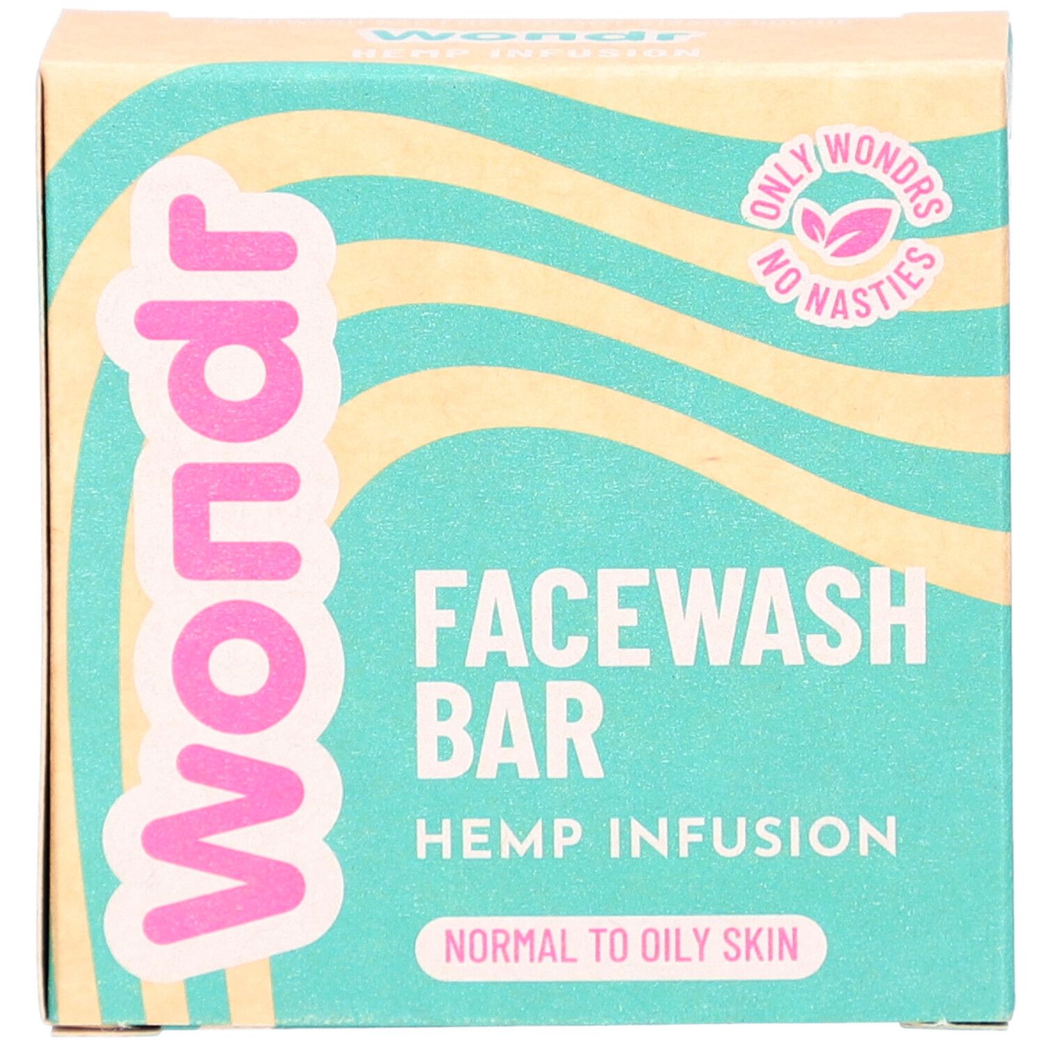 Kartonnen verpakking met "Wondr" logo en "Facewash Bar". Bevat "Hemp Infusion" en is voor normale tot vette huid.