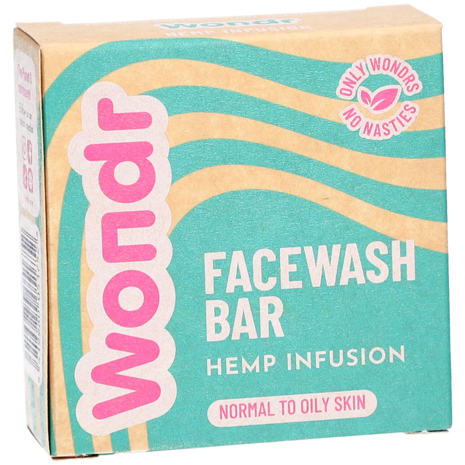Kartonnen verpakking met "Wondr" logo en "Facewash Bar". Bevat "Hemp Infusion" en is voor normale tot vette huid.