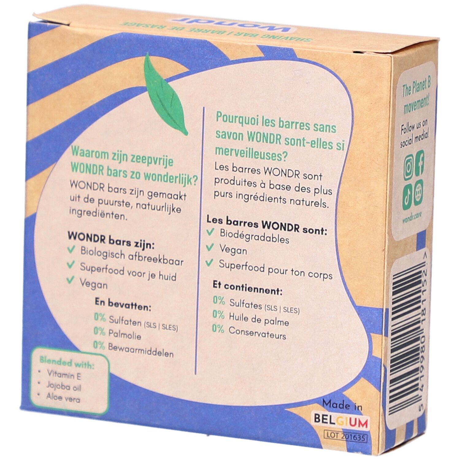 Kartonnen verpakking met blauwe golven en tekst. Bevat informatie over ingrediënten en voordelen. Merk: Wondr. Gemaakt in België.