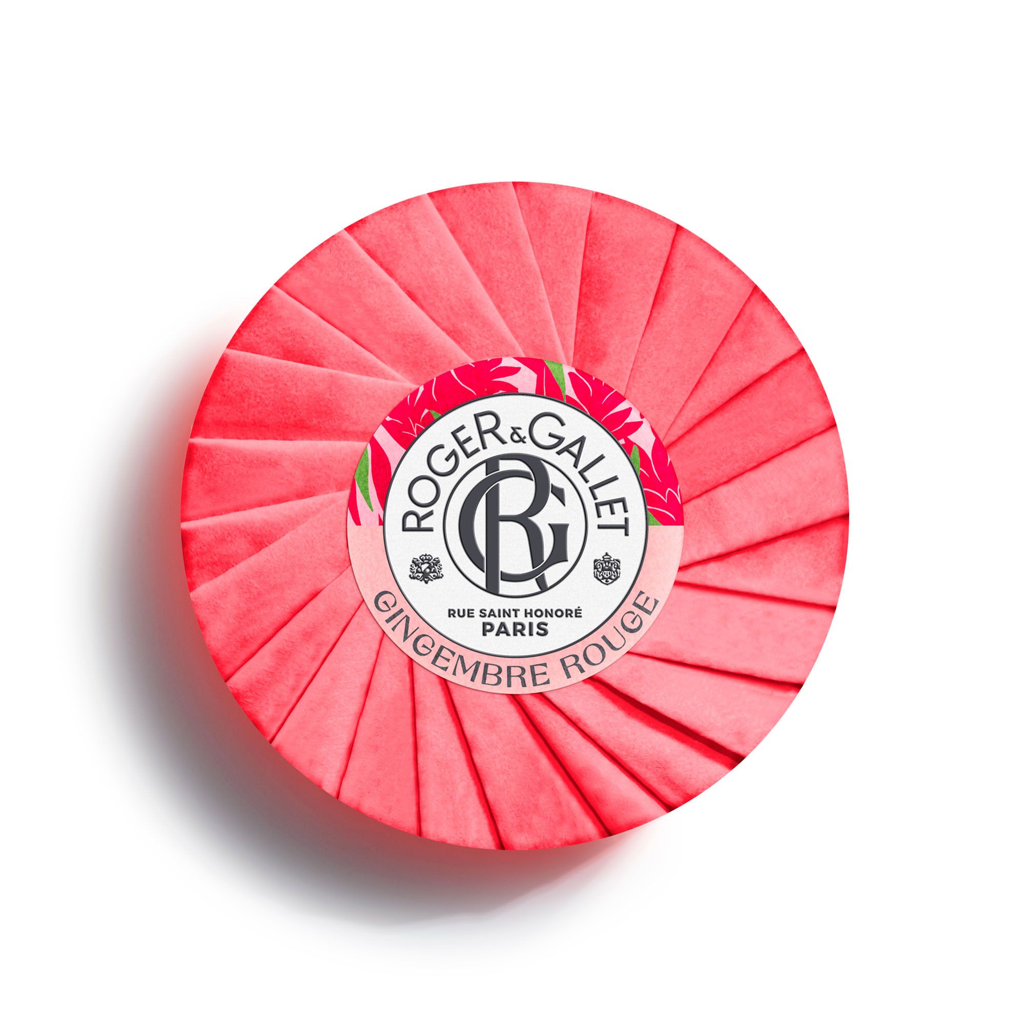 Rode zeep gevouwen in rood papier. Logo Roger & Gallet. Opschrift: Gingembre Rouge.