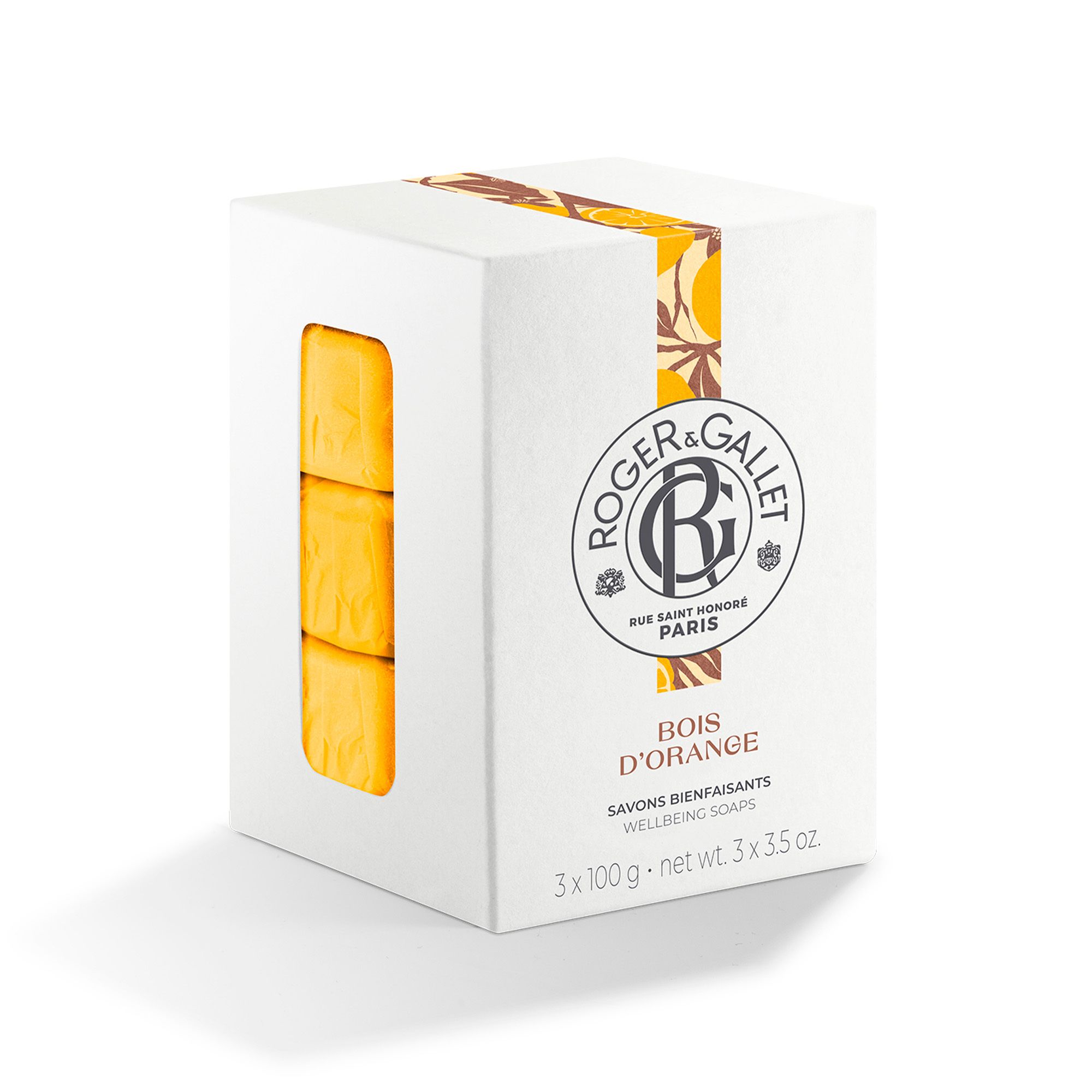 Boîte blanche avec logo Roger & Gallet, Bois d'Orange. Fenêtre montrant les savons.