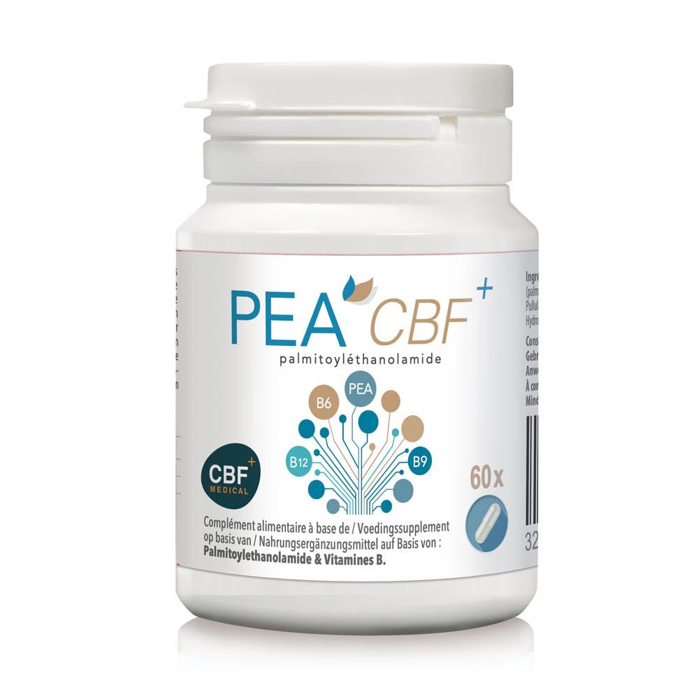 Witte fles met "PEA CBF+" en "palmitoylethanolamide". Bevat 60 capsules. CBF+ MEDICAL logo.