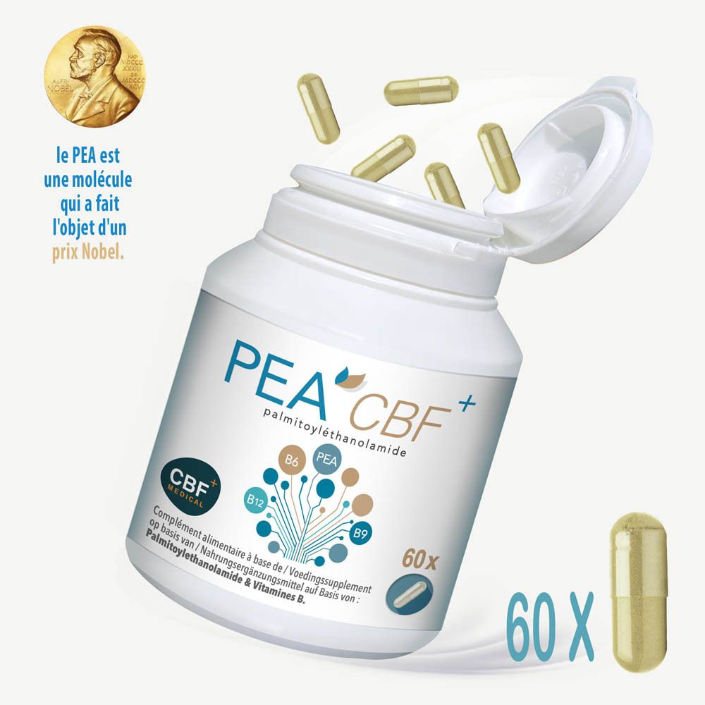 Flacon blanc avec "PEA CBF+" et "palmitoylethanolamide". 60 gélules et une gélule à côté.