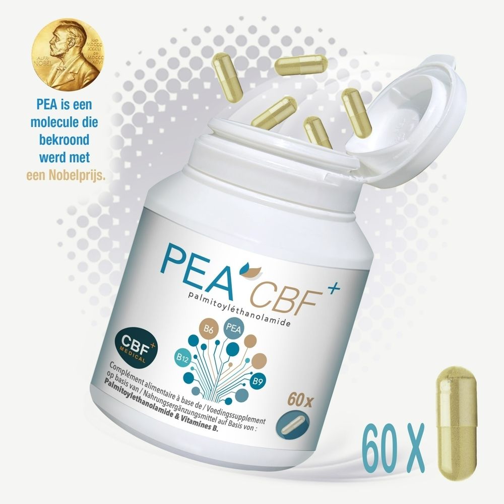 Witte pot PEA CBF+ Palmitoylethanolamide, met vallende capsules. "PEA is een molecuul die bekroond werd met een Nobelprijs."