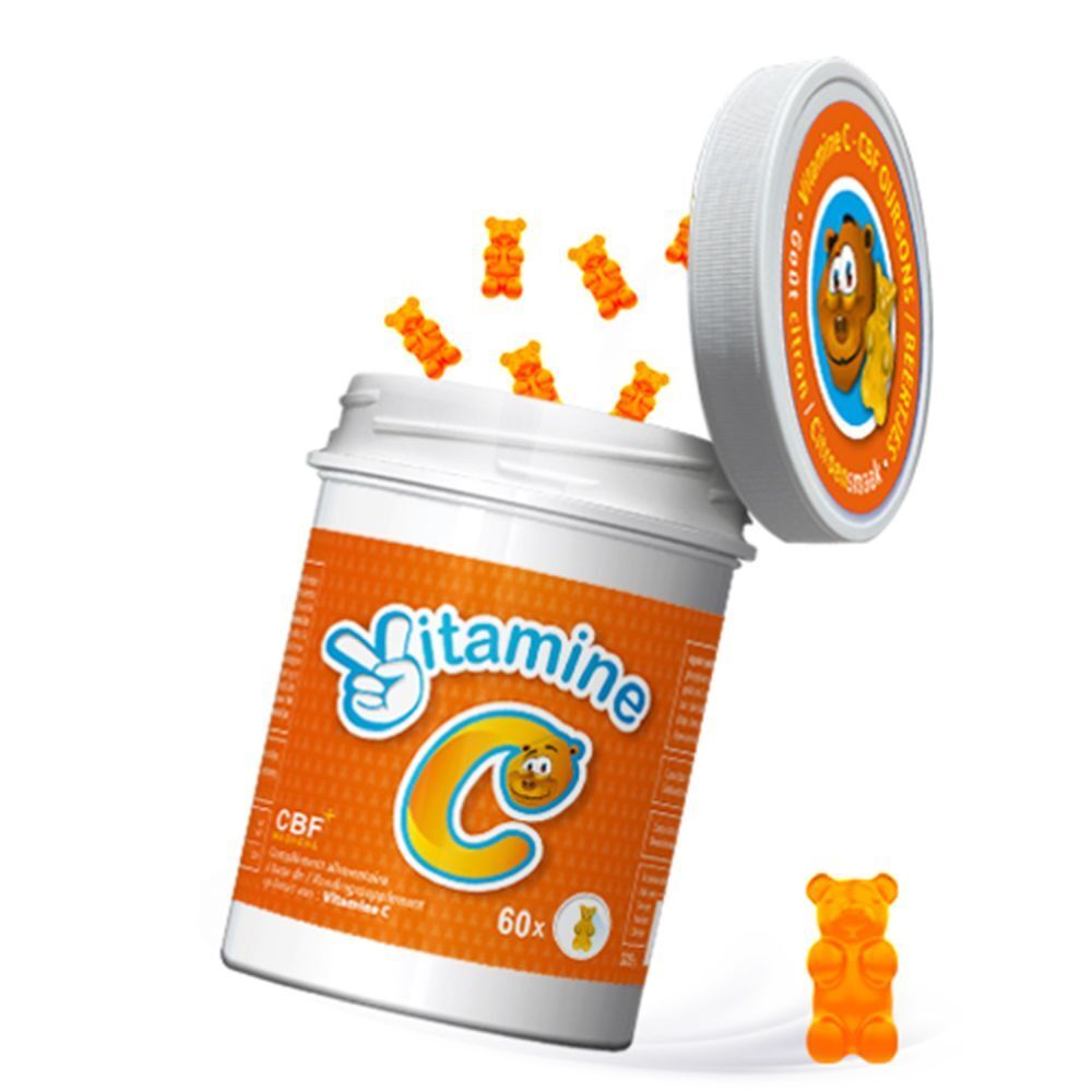 Pot met vitamine C gummies, open. Gummies vallen eruit.