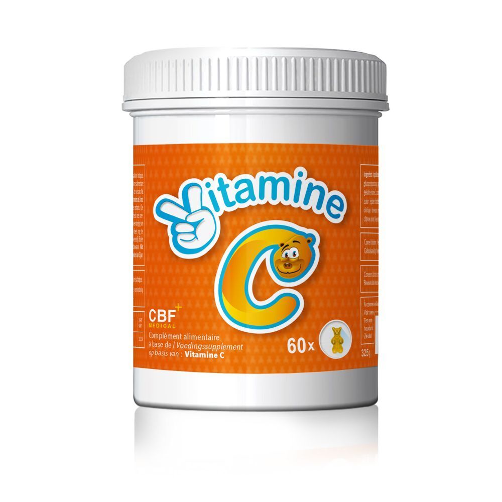 Pot met vitamine C gummies. Opschrift: Vitamine C, 60 stuks.