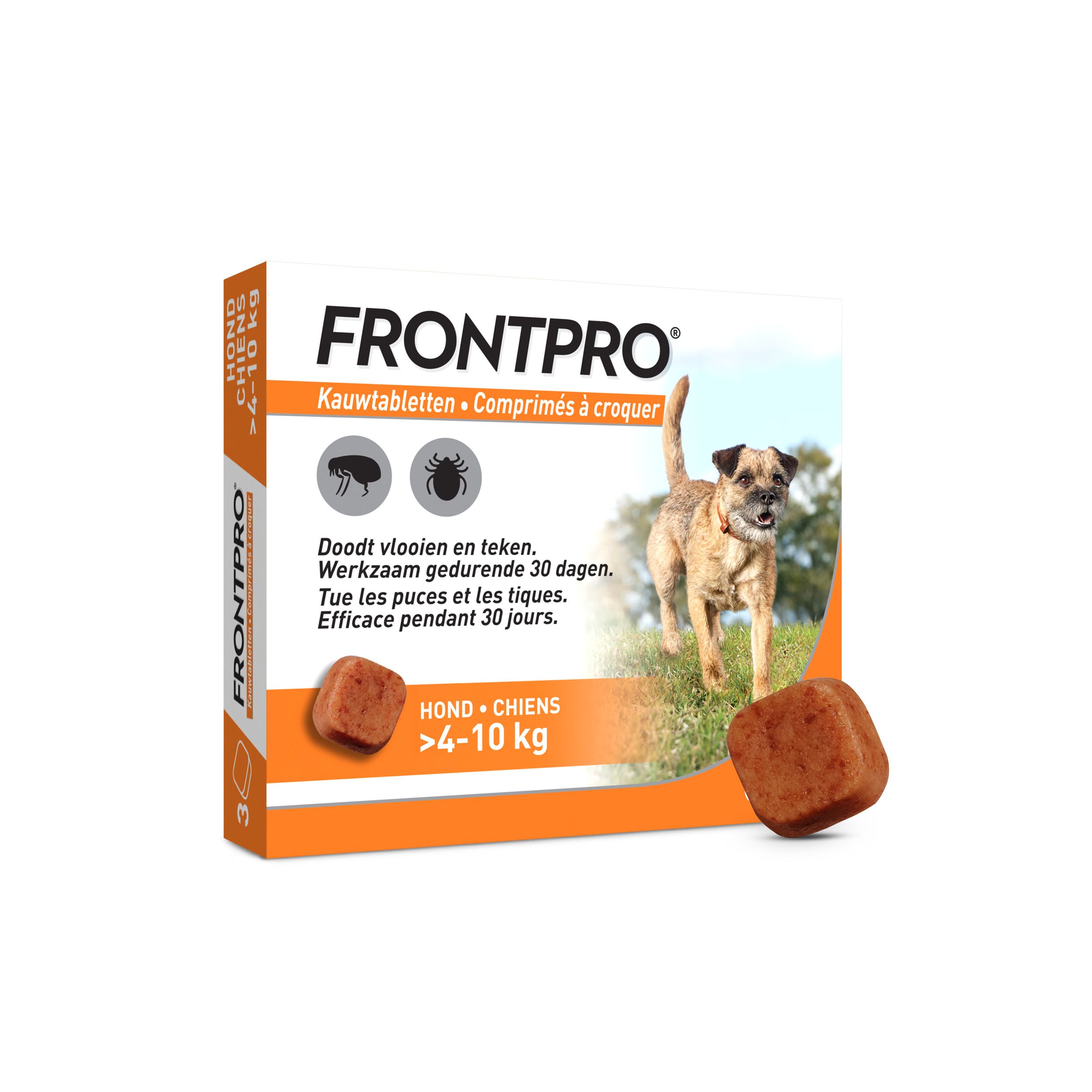 FRONTPRO Kauwtabletten voor honden (4-10kg) met een hond op de verpakking.
