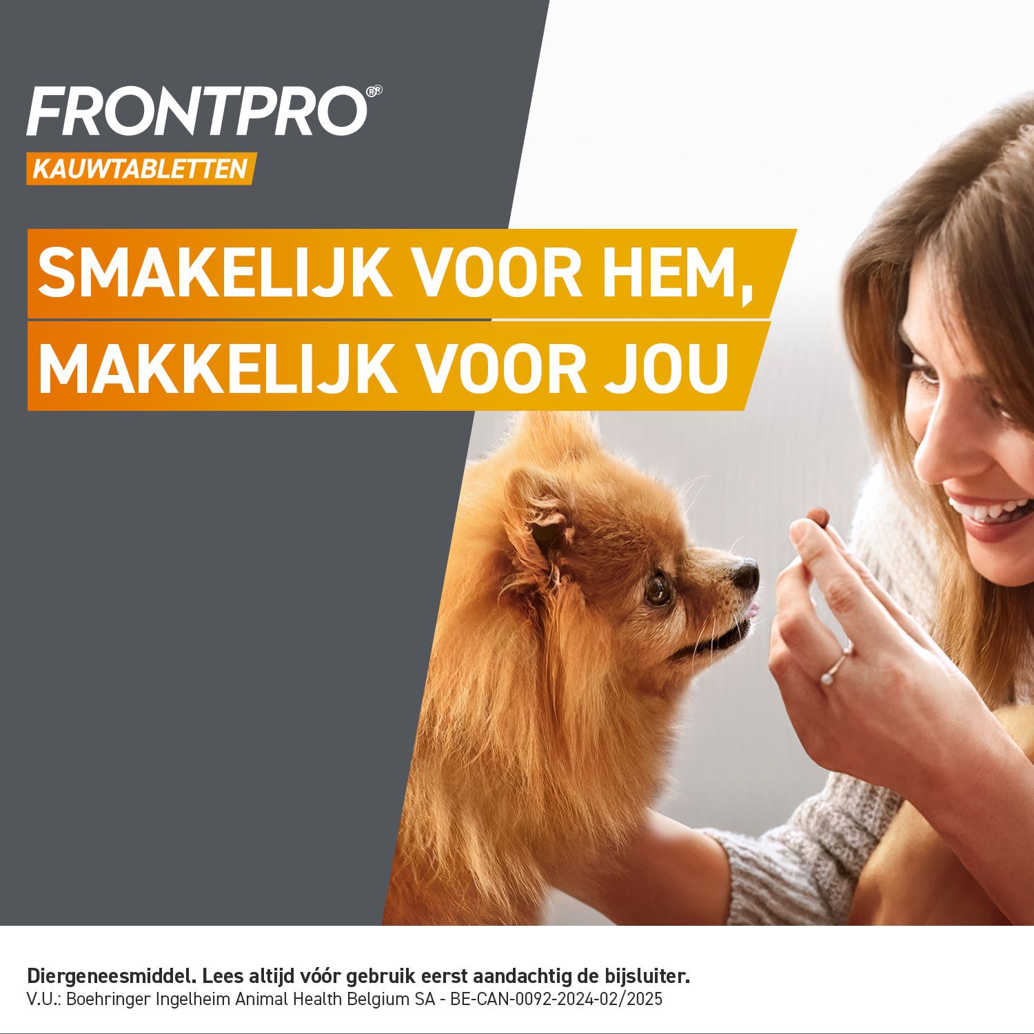 FRONTPRO Kauwtabletten voor honden (4-10kg) met een hond op de verpakking.