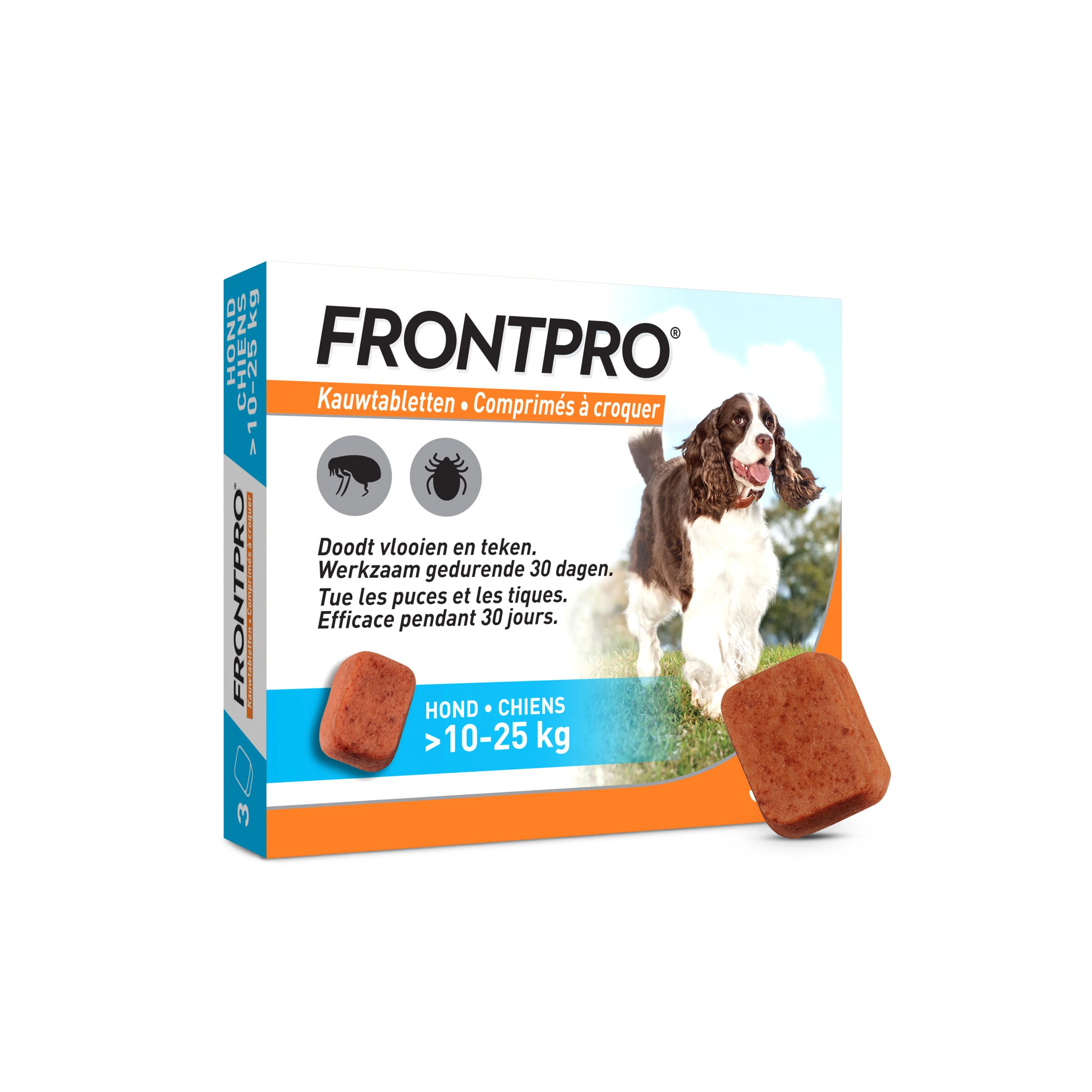 FRONTPRO Comprimés à croquer pour chiens >10-25 kg, 3 comprimés. Avec chien et symboles tiques.