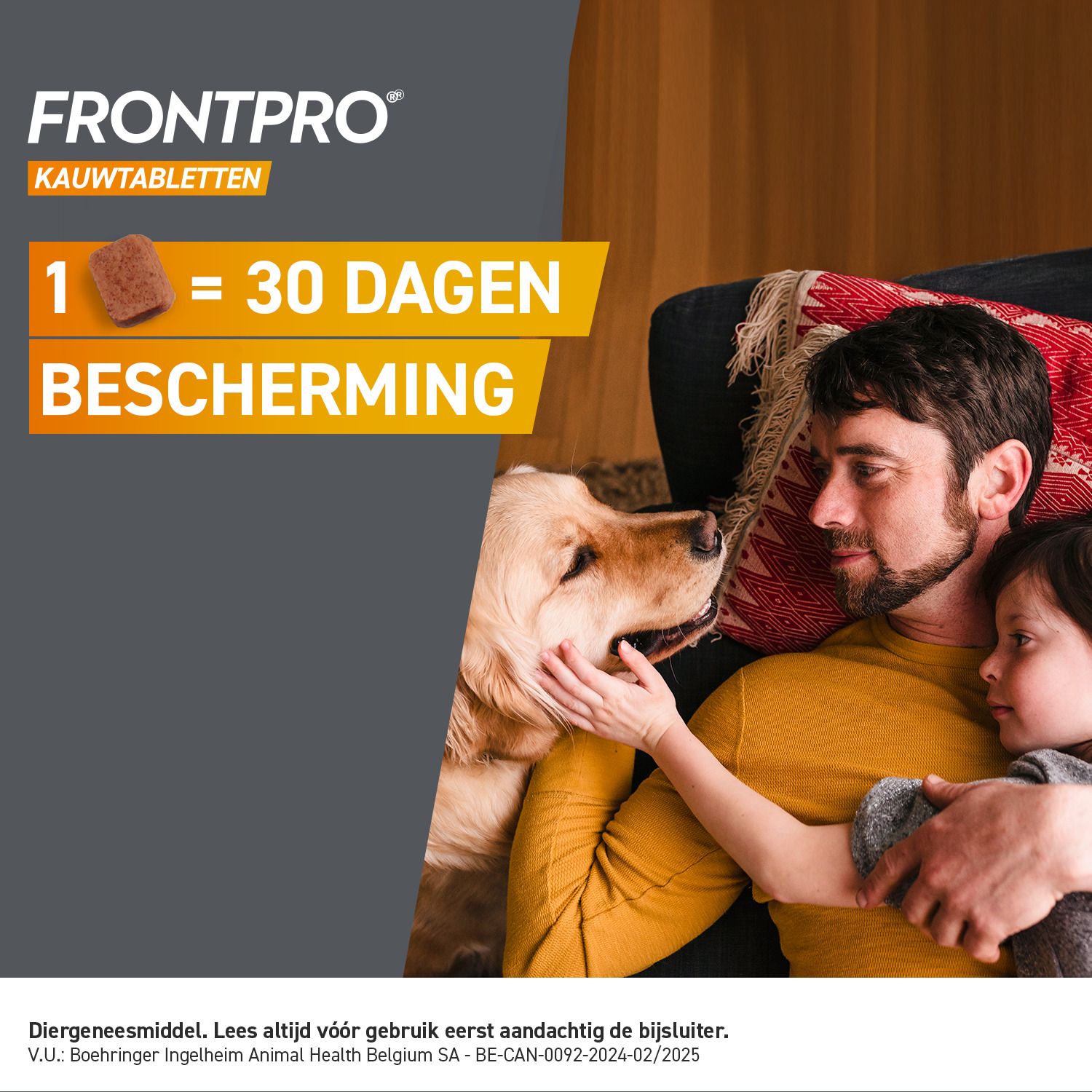 FRONTPRO Kauwtabletten voor honden >10-25 kg, 3 stuks. Met hond en teek-symbolen.