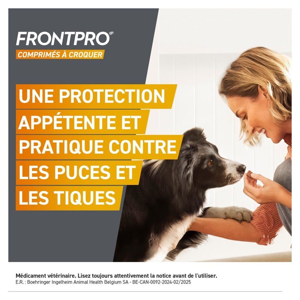 Femme donnant une friandise FRONTPRO à un petit chien.